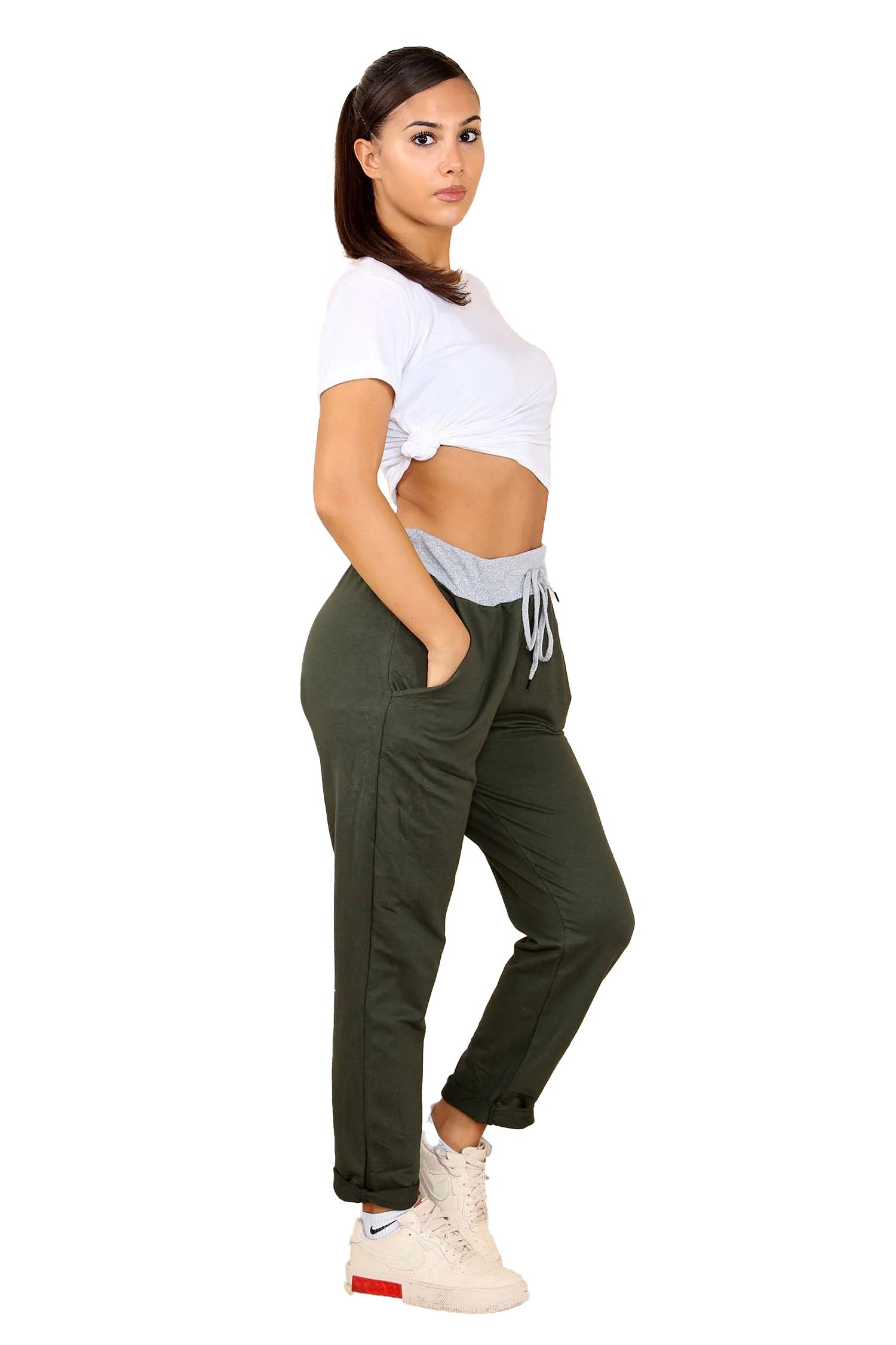 Italian Plain Drawstring Cotton Joggers - Khaki