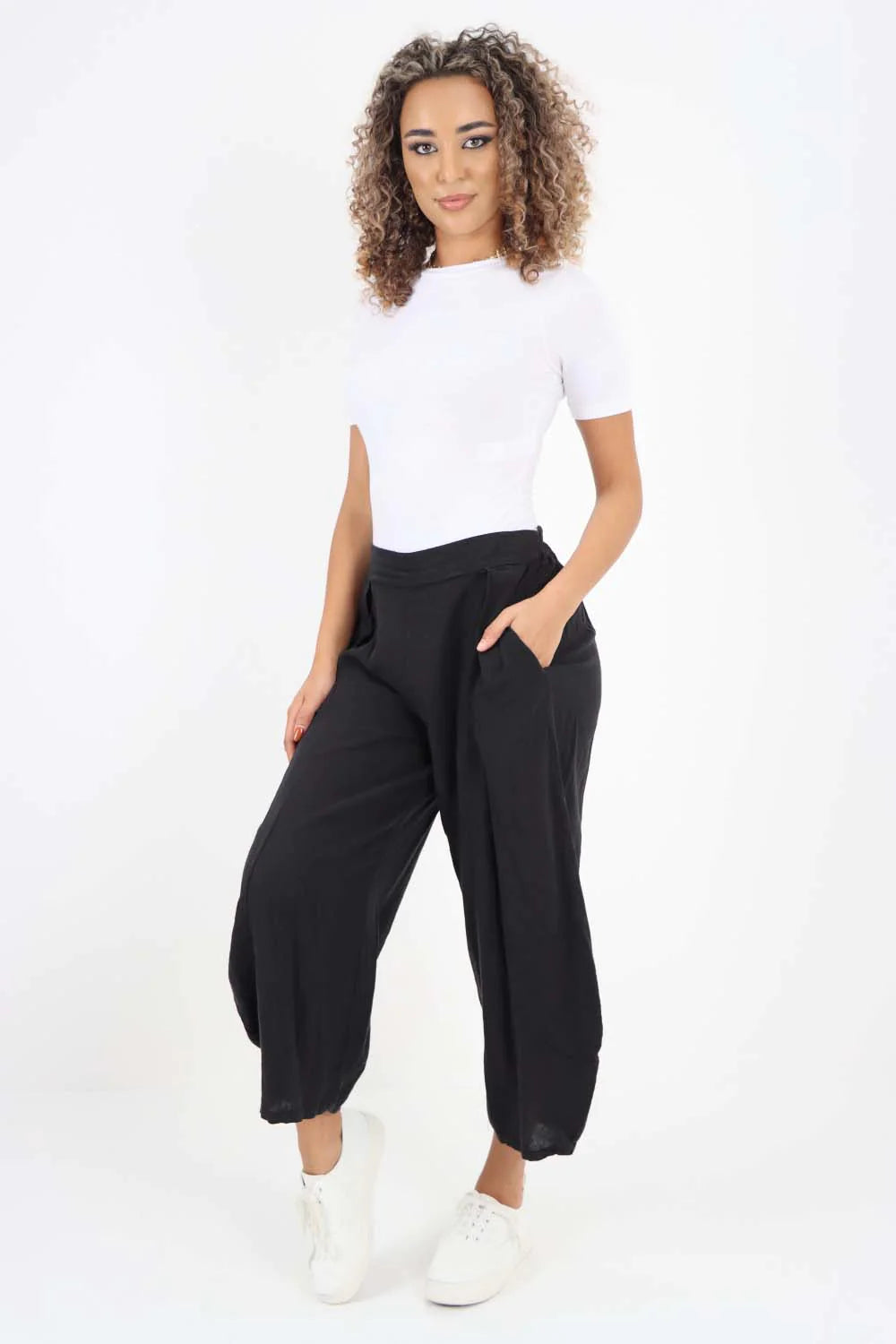 Italian Plain Layered 3/4 Linen Jogger - Black