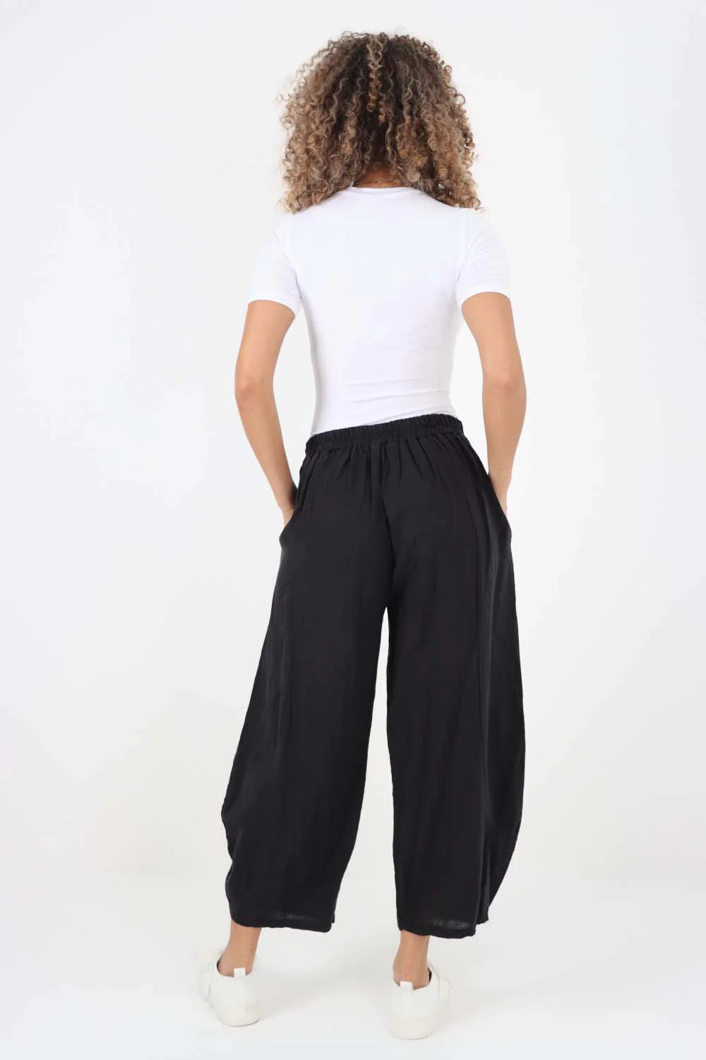 Italian Plain Layered 3/4 Linen Jogger - Black