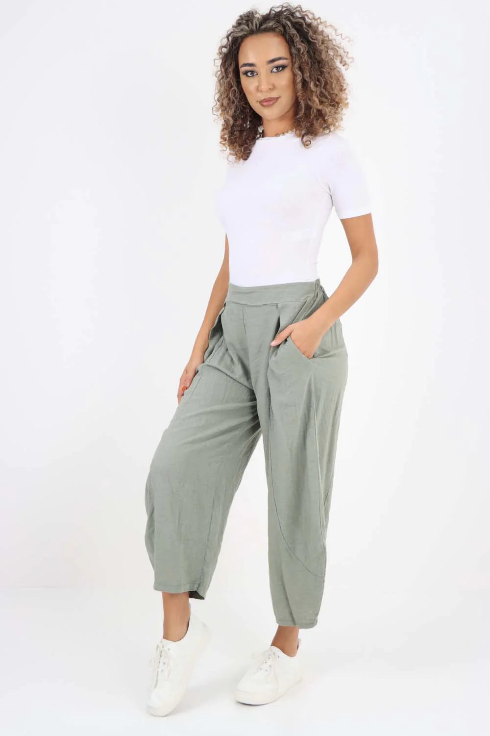 Italian Plain Layered 3/4 Linen Jogger - Khaki