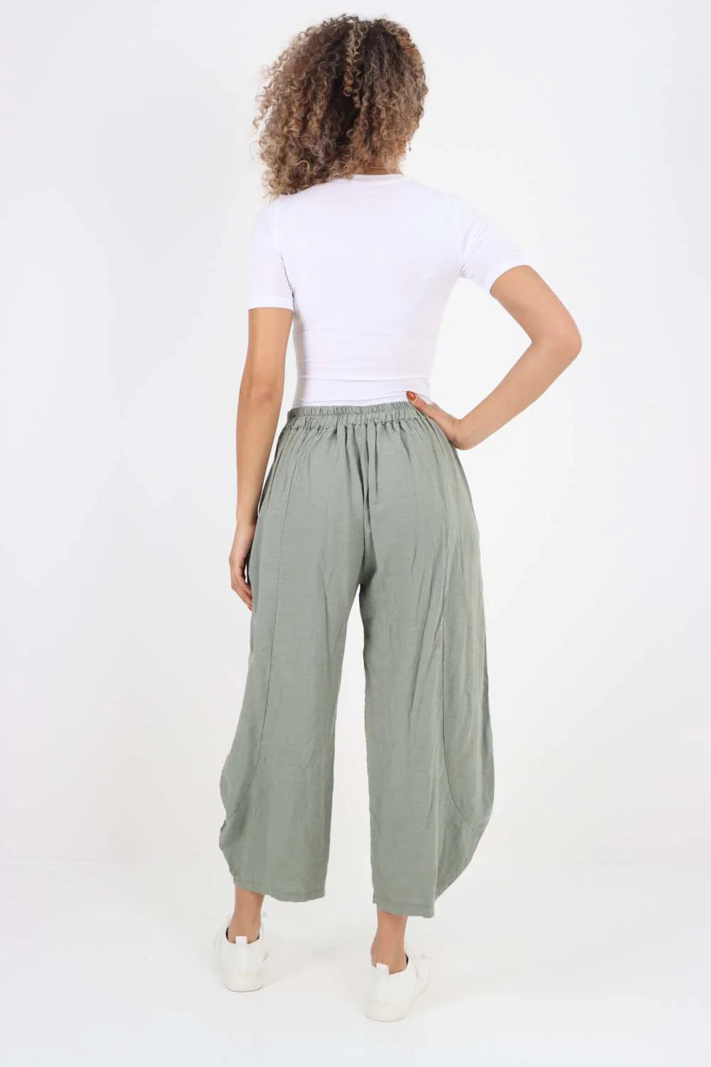 Italian Plain Layered 3/4 Linen Jogger - Khaki