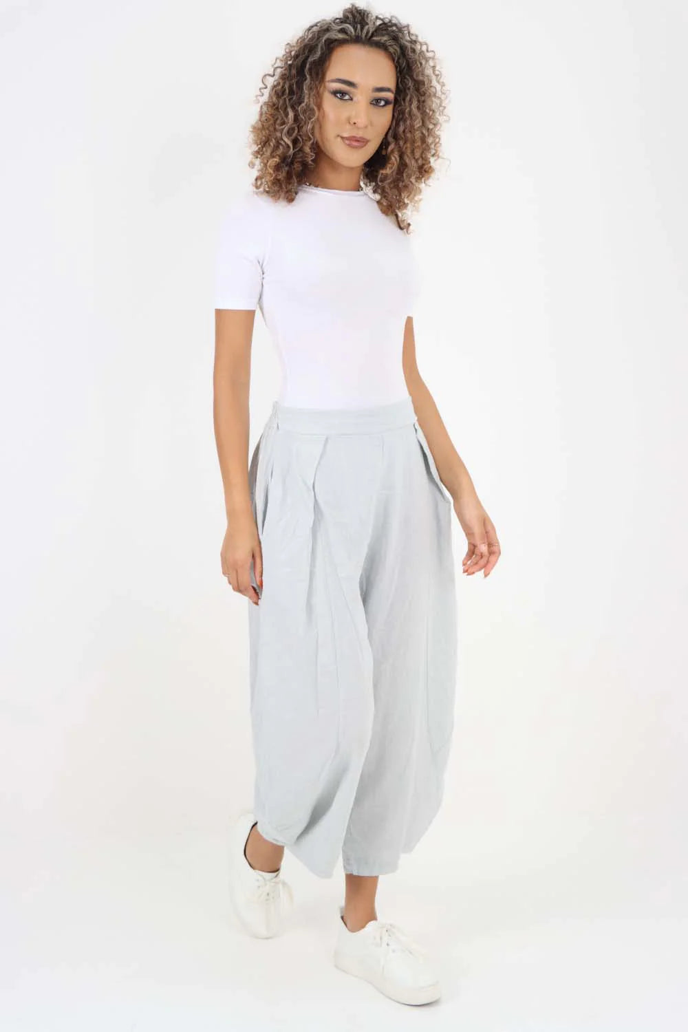 Italian Plain Layered 3/4 Linen Jogger - Silver Grey