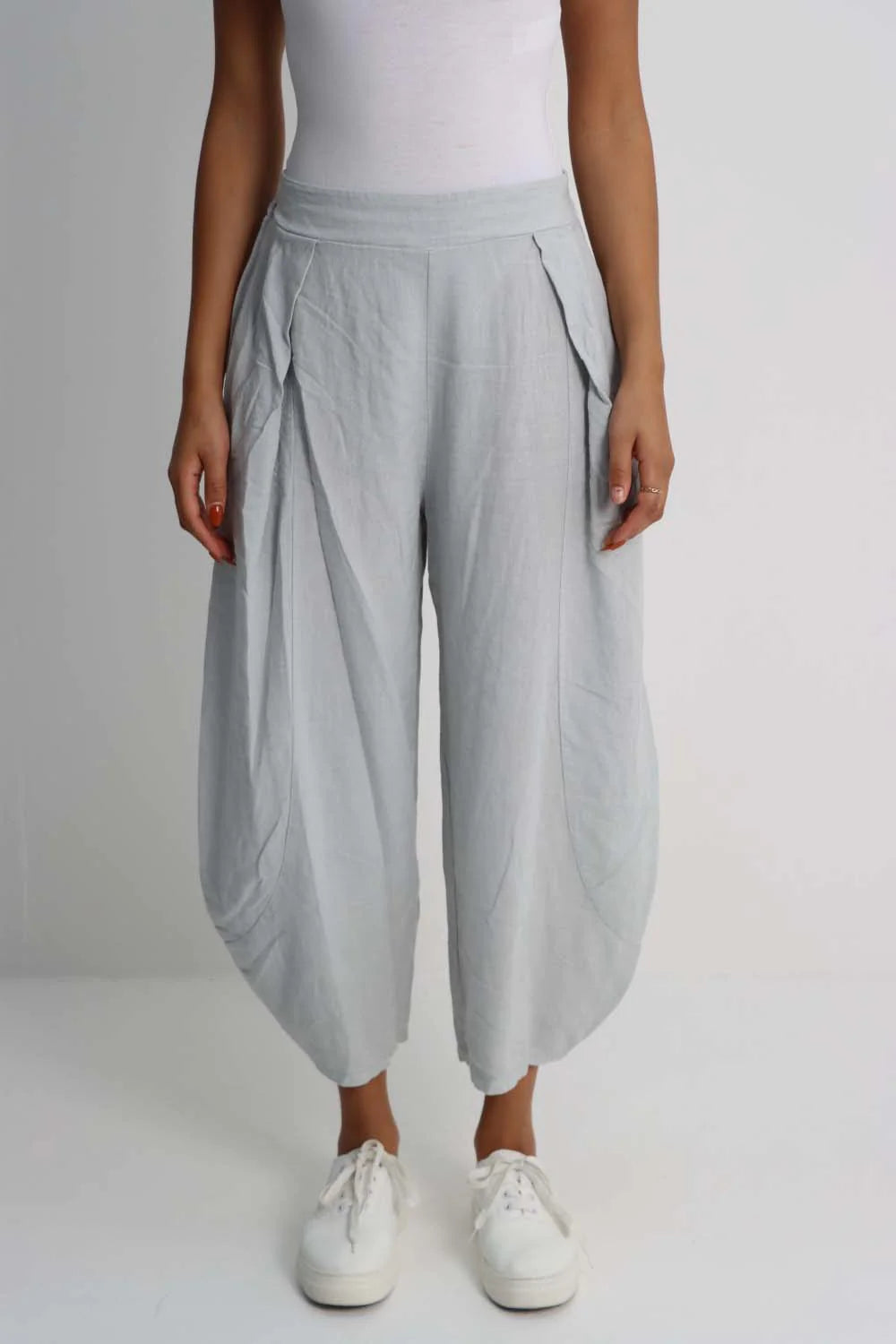 Italian Plain Layered 3/4 Linen Jogger - Silver Grey