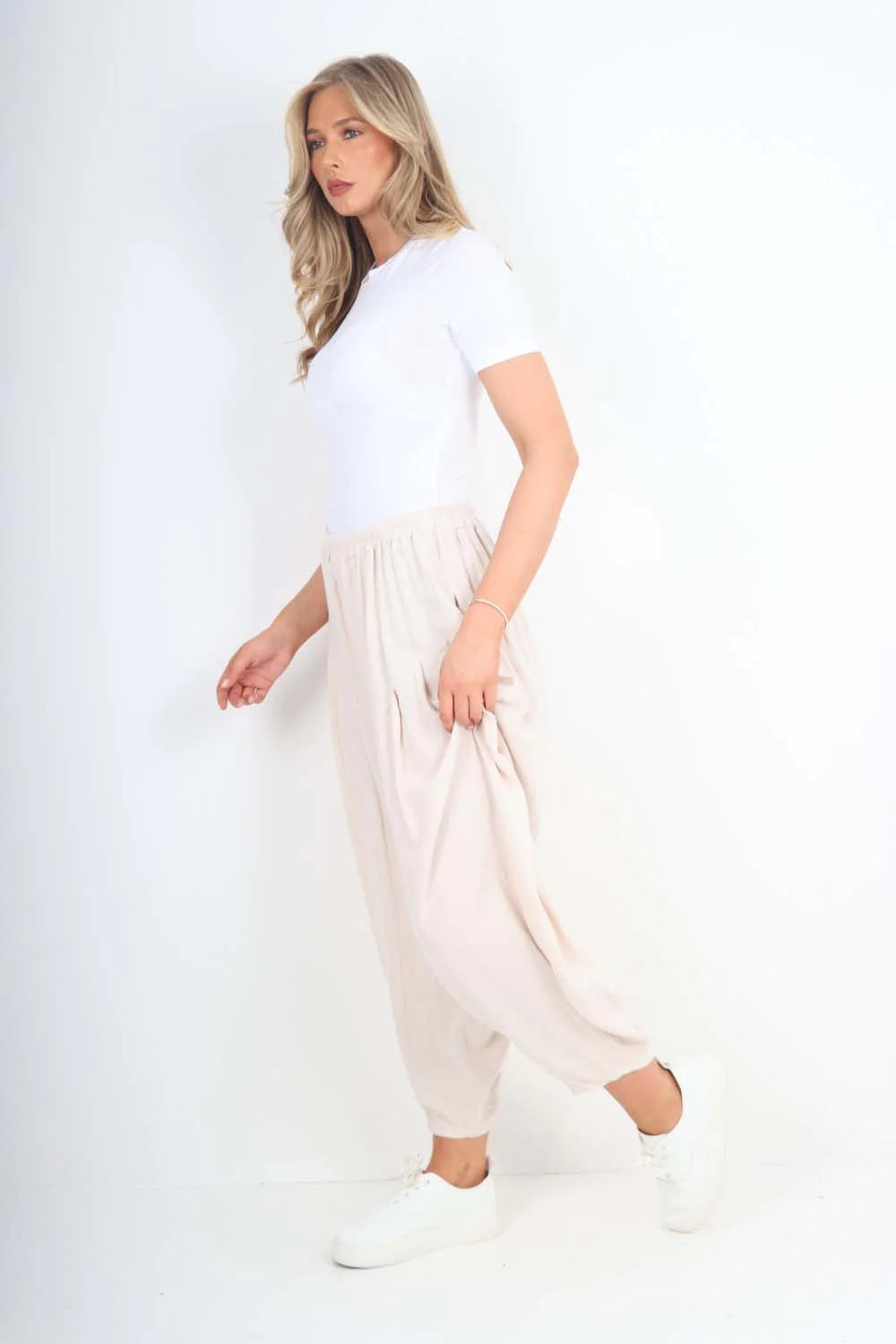 Italian Plain Linen Hareem Pants - Nude