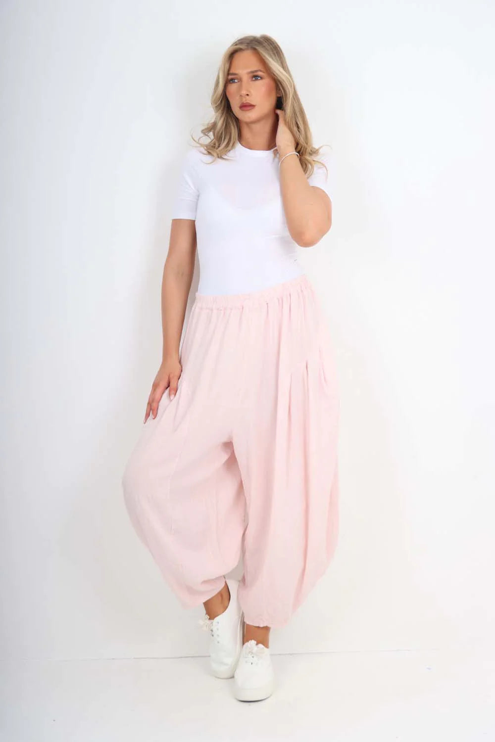 Italian Plain Linen Hareem Pants - Baby Pink