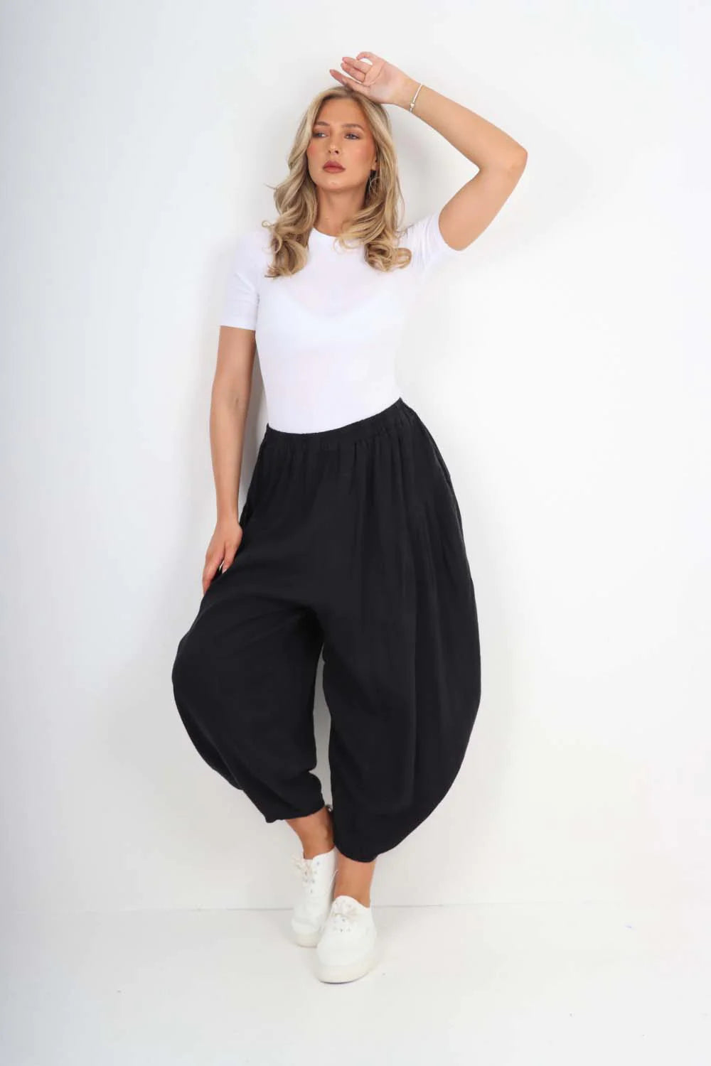 Italian Plain Linen Hareem Pants - Black