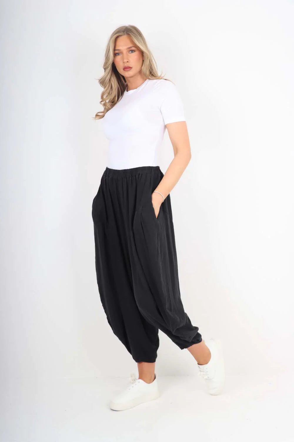 Italian Plain Linen Hareem Pants - Black