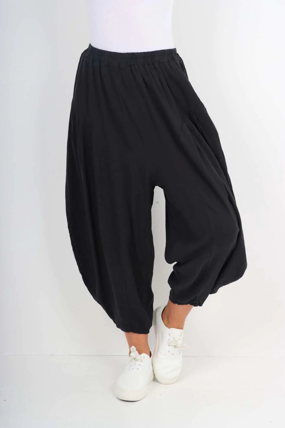 Italian Plain Linen Hareem Pants - Black