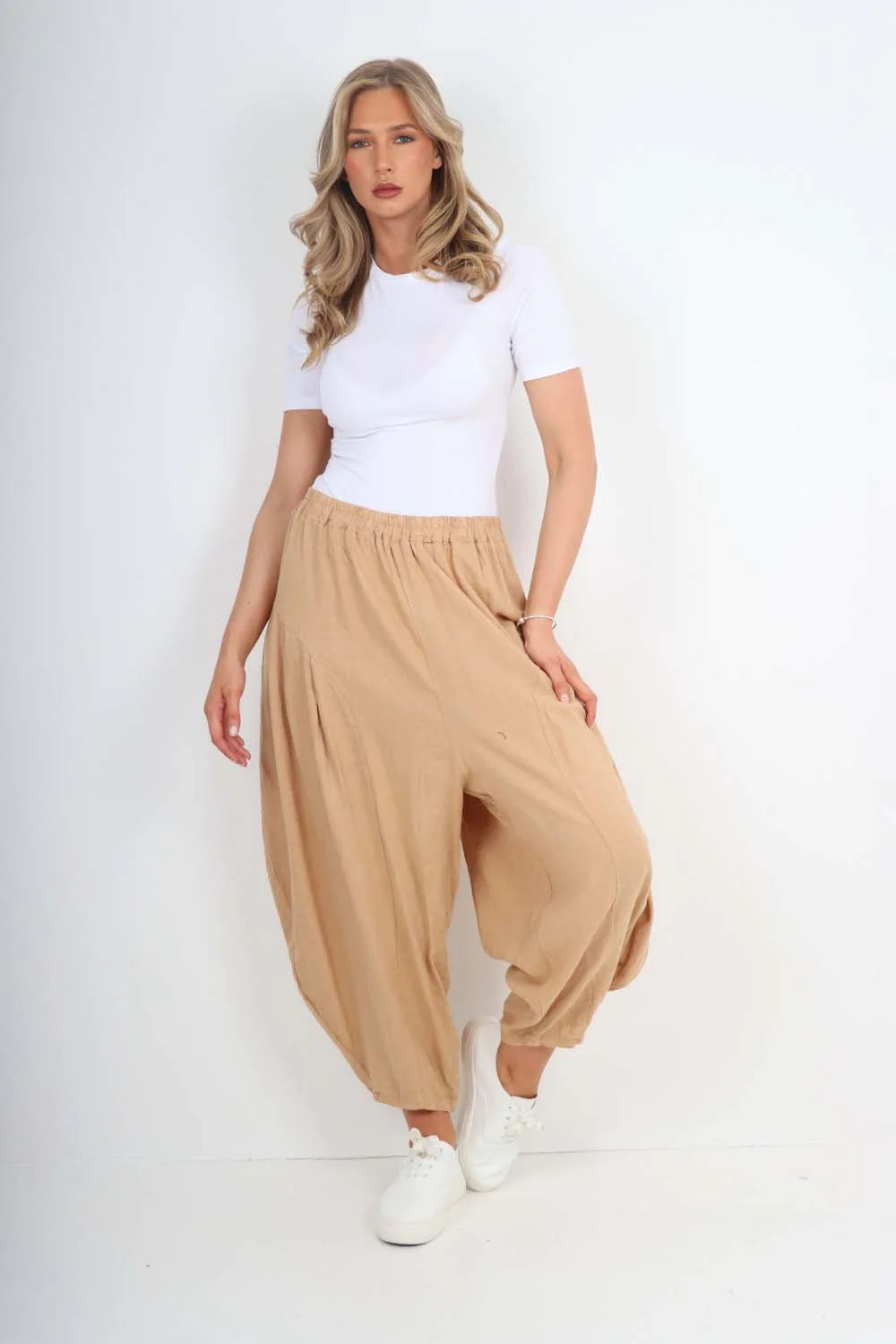 Italian Plain Linen Hareem Pants - Camel