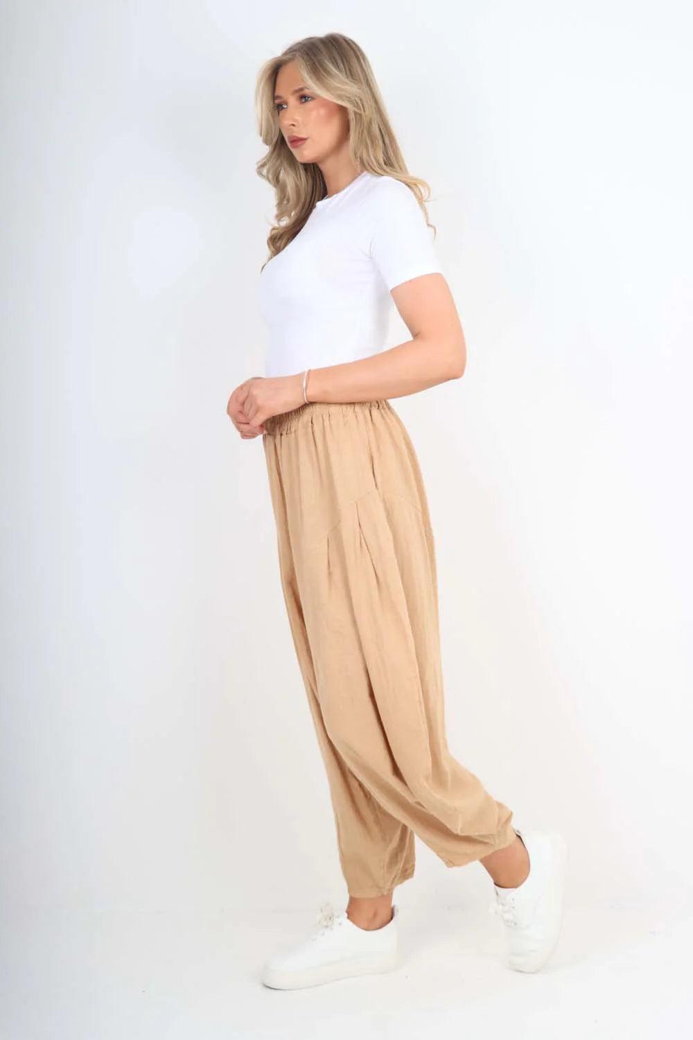 Italian Plain Linen Hareem Pants - Camel