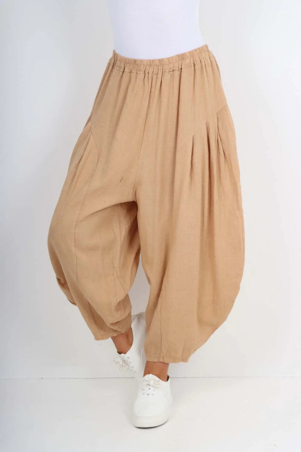 Italian Plain Linen Hareem Pants - Camel