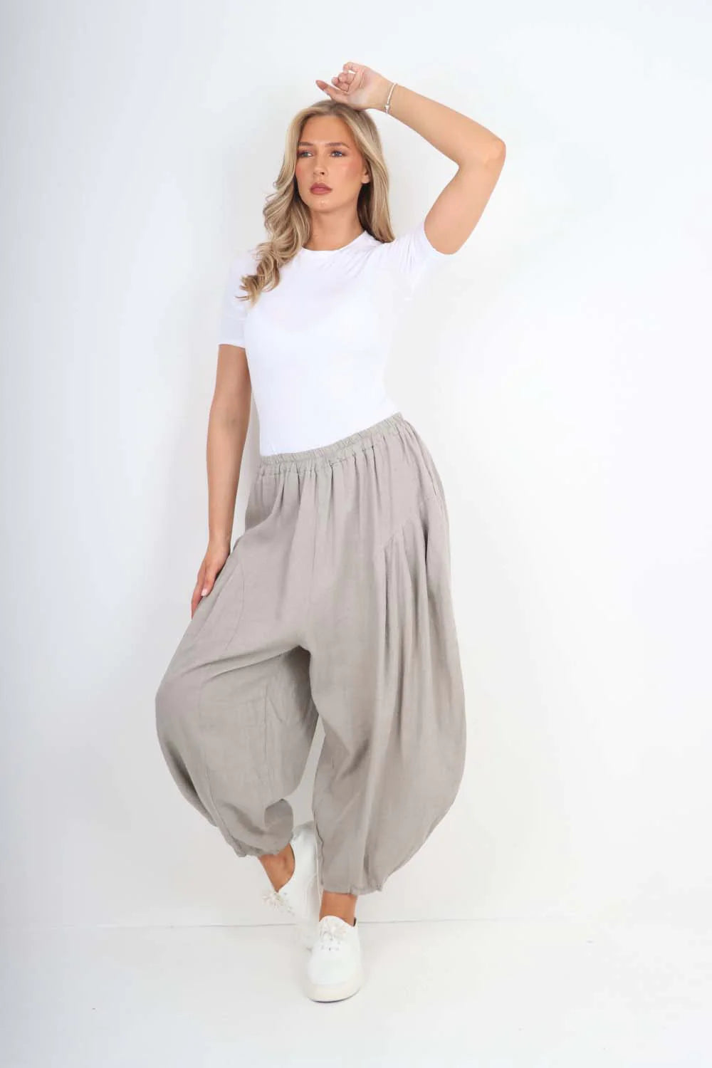 Italian Plain Linen Hareem Pants - Dark Grey