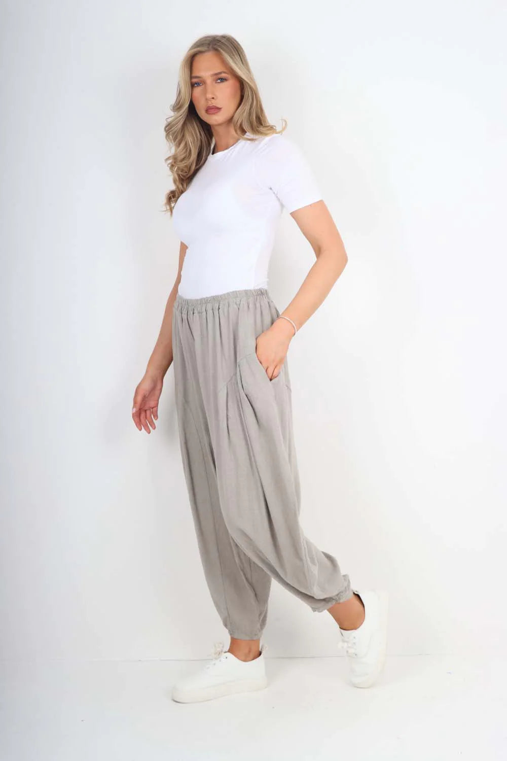 Italian Plain Linen Hareem Pants - Dark Grey