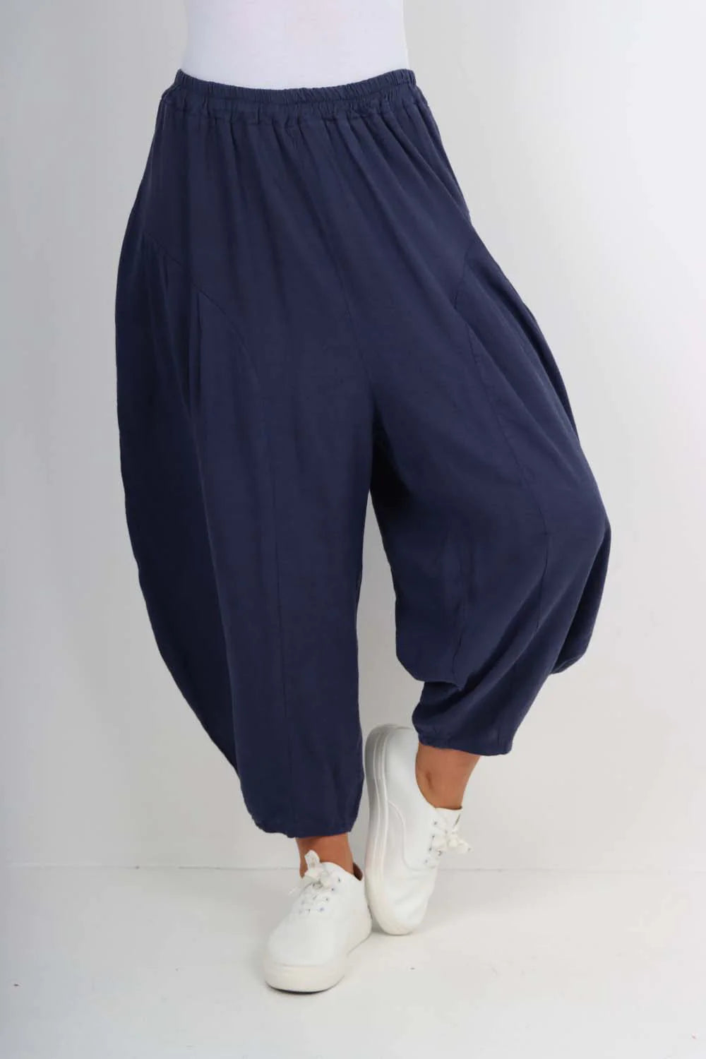 Italian Plain Linen Hareem Pants - Denim Blue