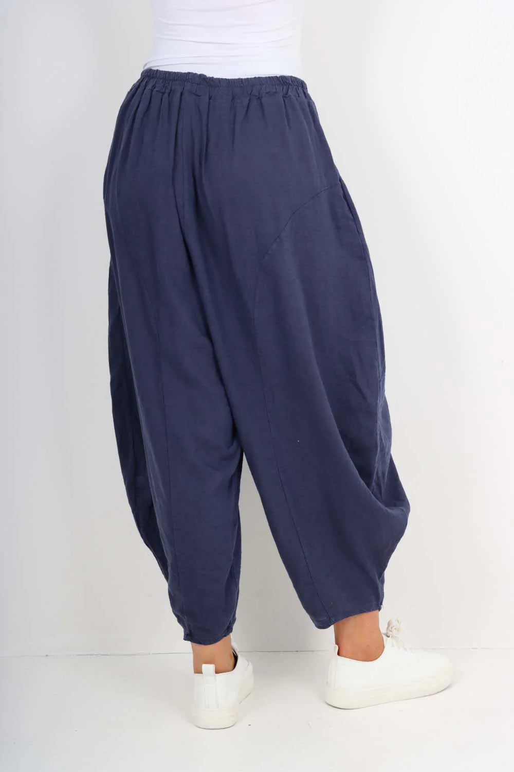 Italian Plain Linen Hareem Pants - Denim Blue