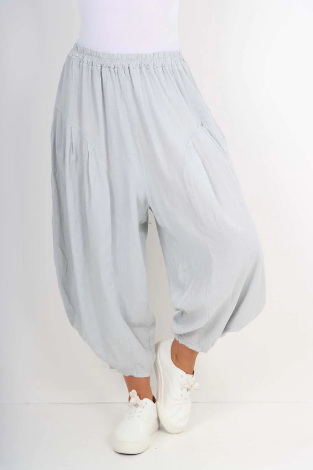 Italian Plain Linen Hareem Pants - Grey