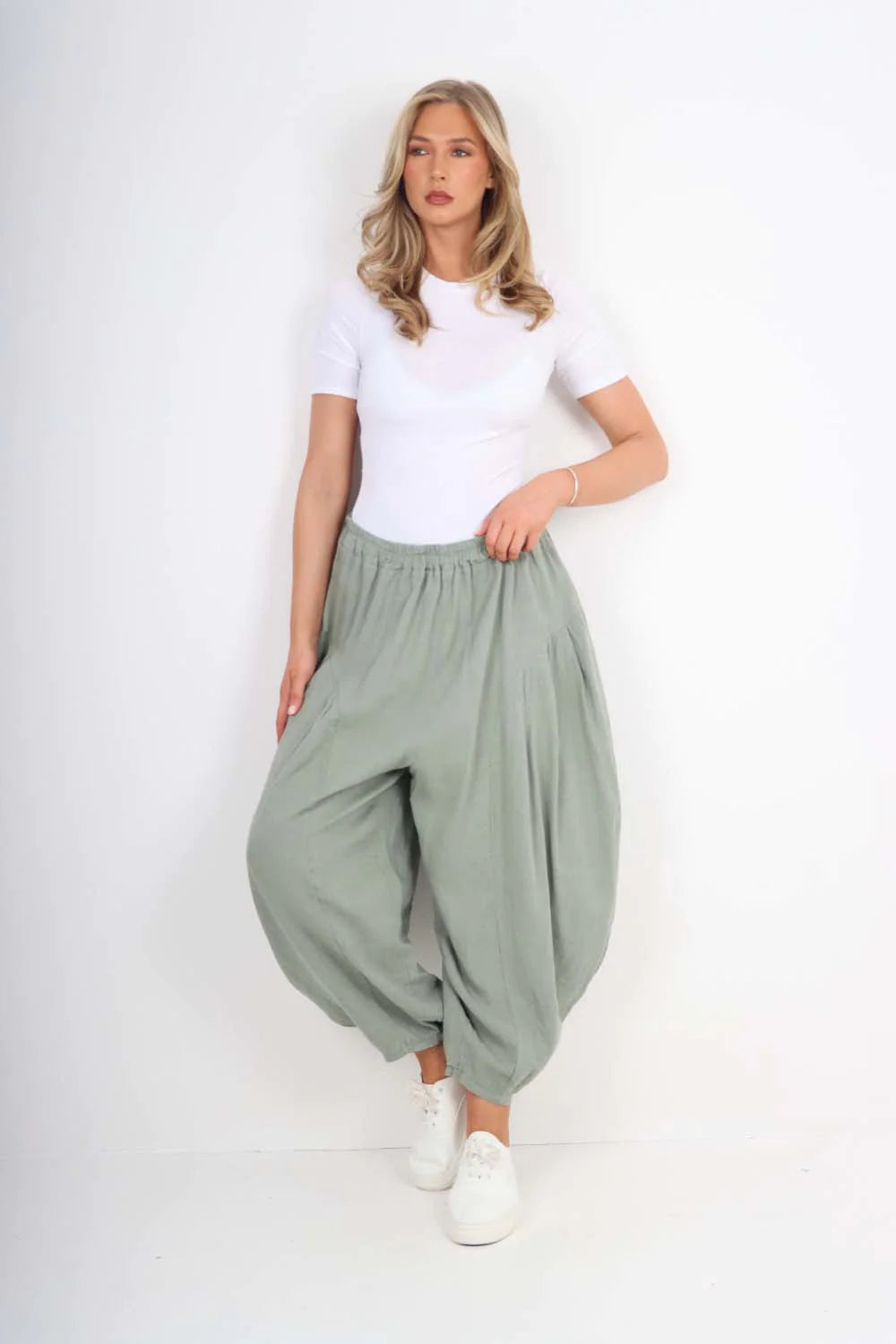 Italian Plain Linen Hareem Pants - Khaki