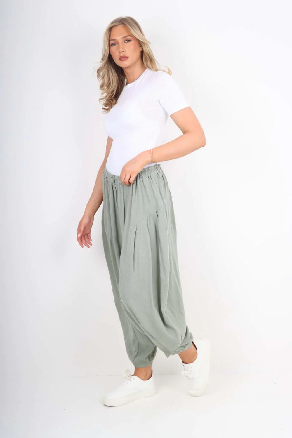 Italian Plain Linen Hareem Pants - Khaki