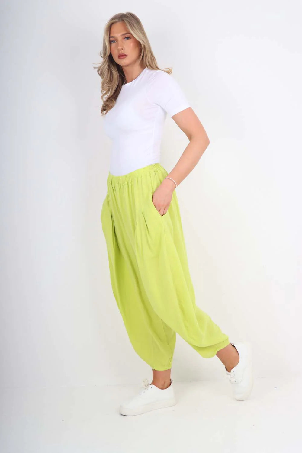 Italian Plain Linen Hareem Pants - Lime Green