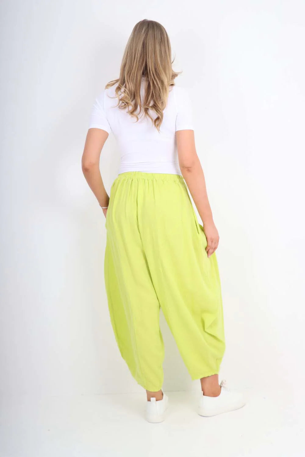 Italian Plain Linen Hareem Pants - Lime Green