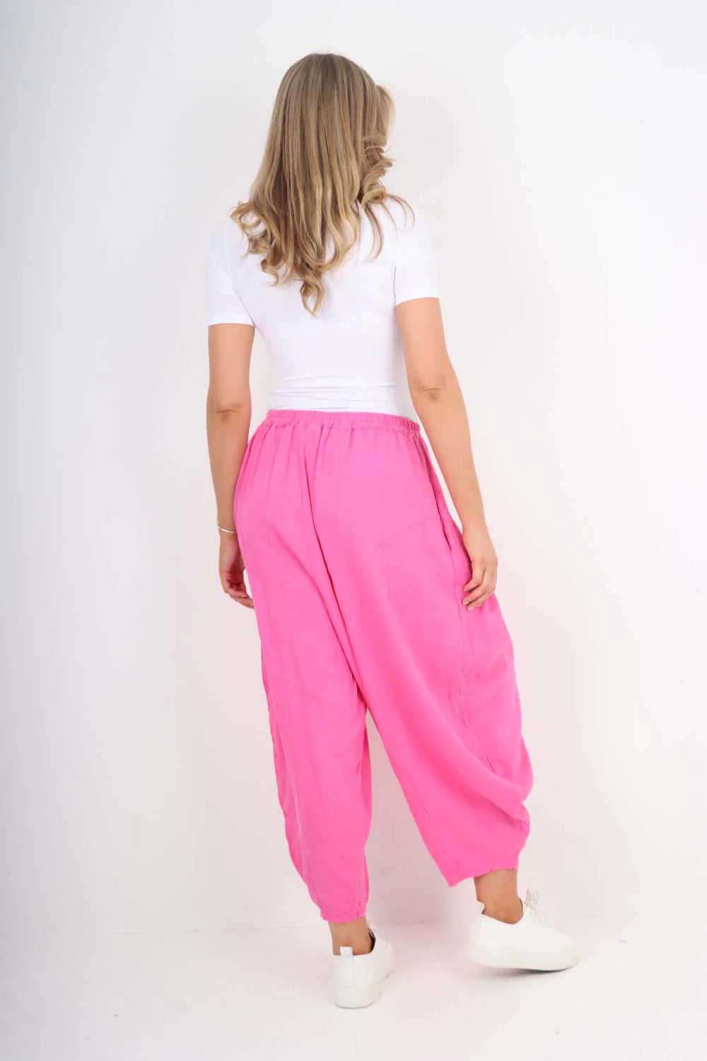 Italian Plain Linen Hareem Pants - Pink