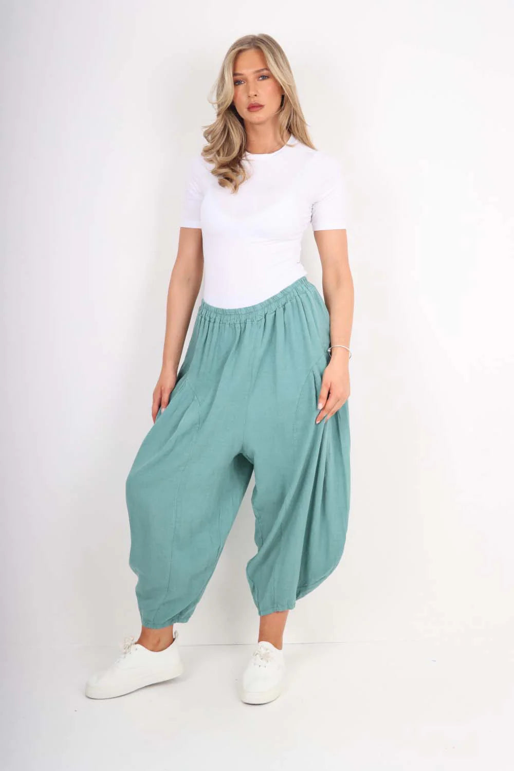 Italian Plain Linen Hareem Pants - Sea Green