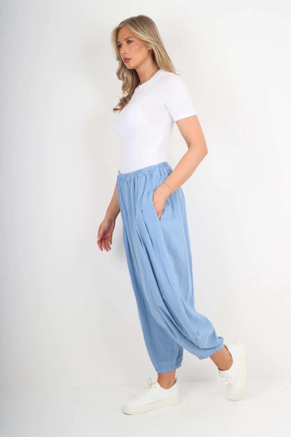 Italian Plain Linen Hareem Pants - Sky Blue