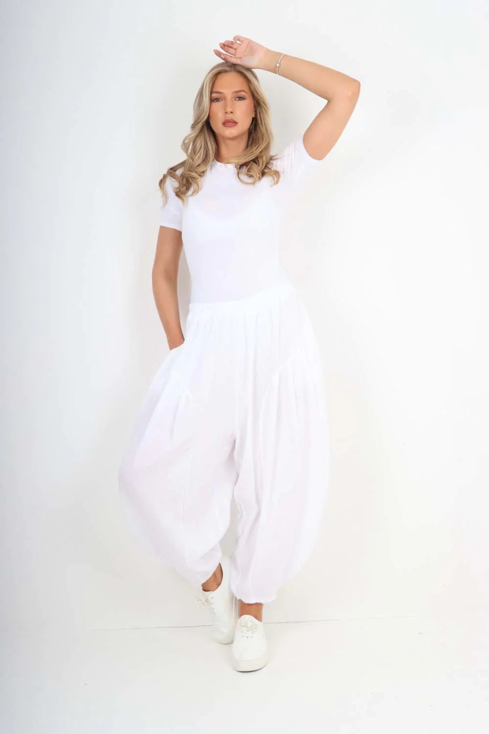 Italian Plain Linen Hareem Pants - White