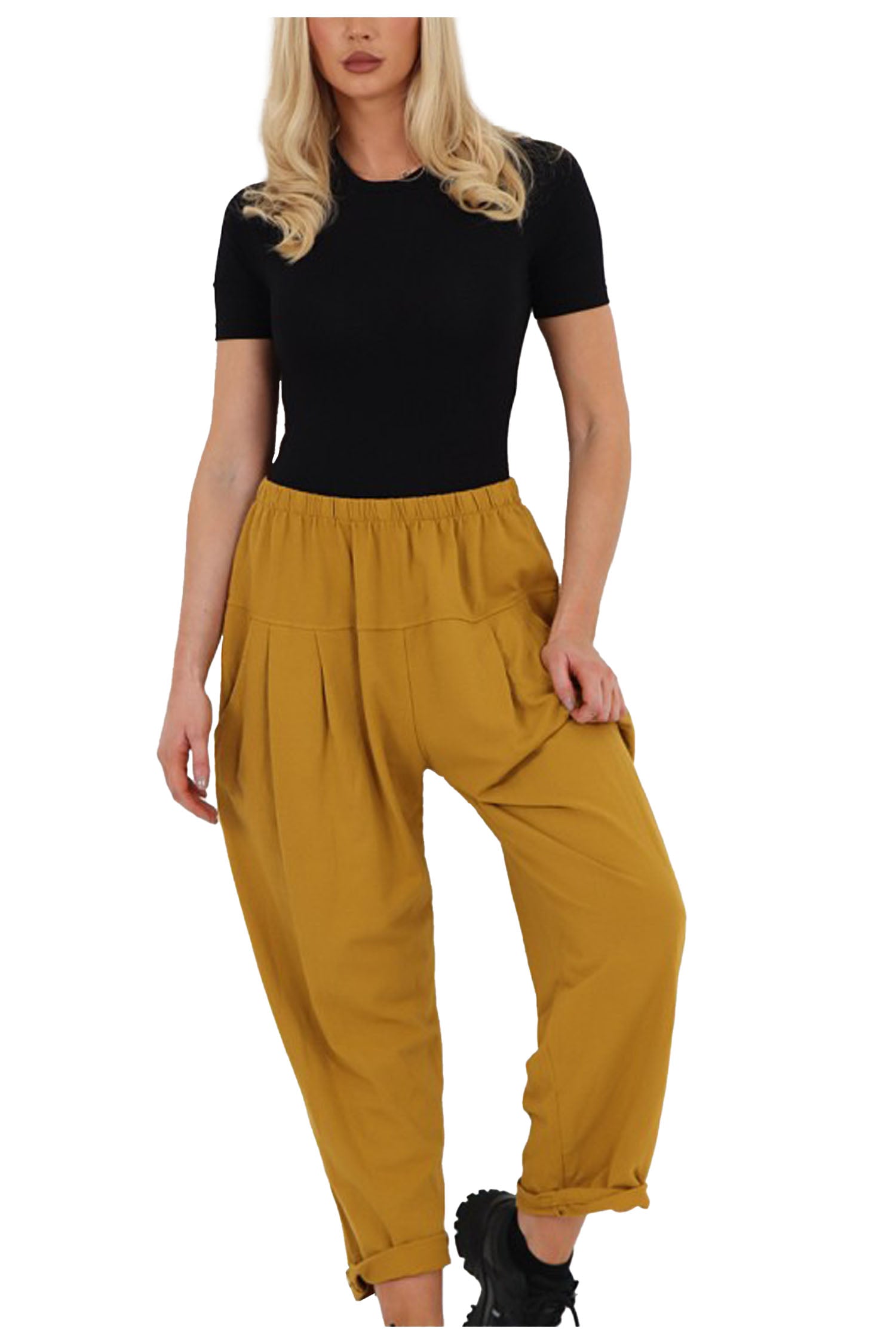 Italian Pleated Back Pockets Detail Cotton Trousers - Mustard