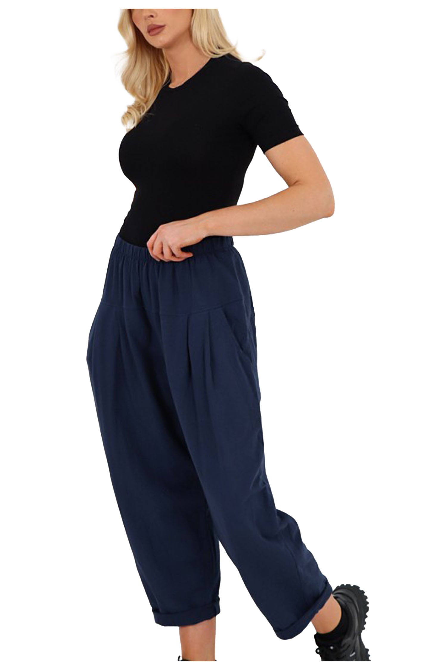 Italian Pleated Back Pockets Detail Cotton Trousers - Navy