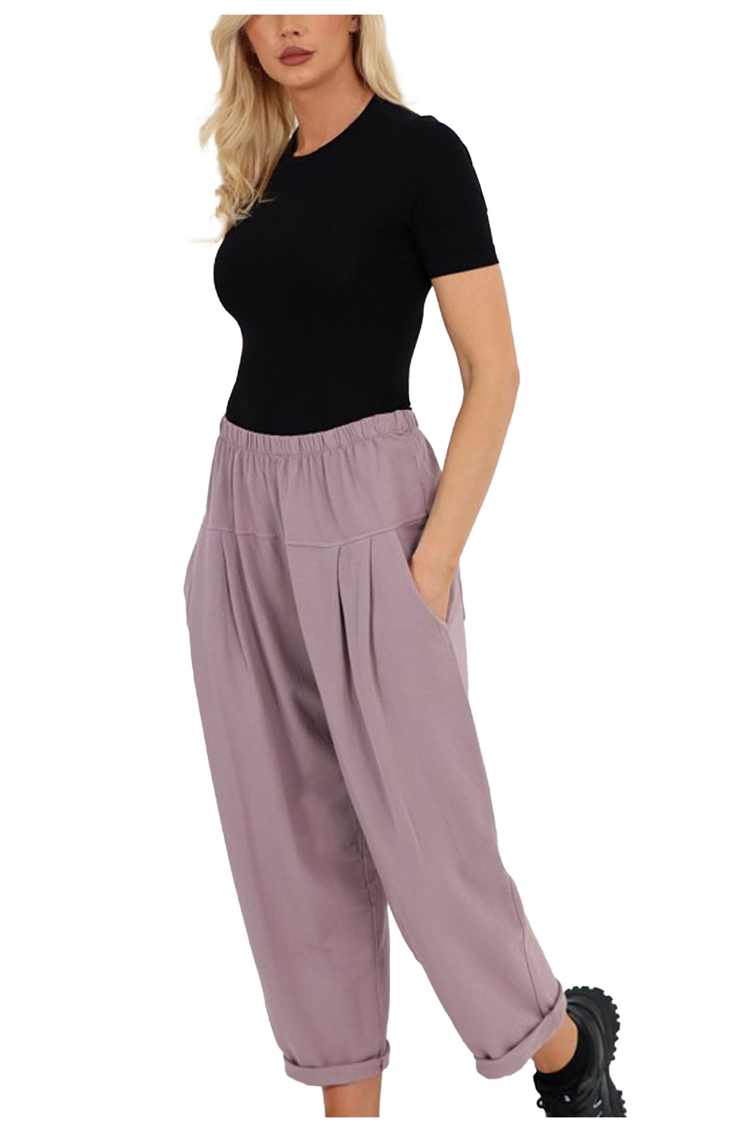 Italian Pleated Back Pockets Detail Cotton Trousers - Tea Pink