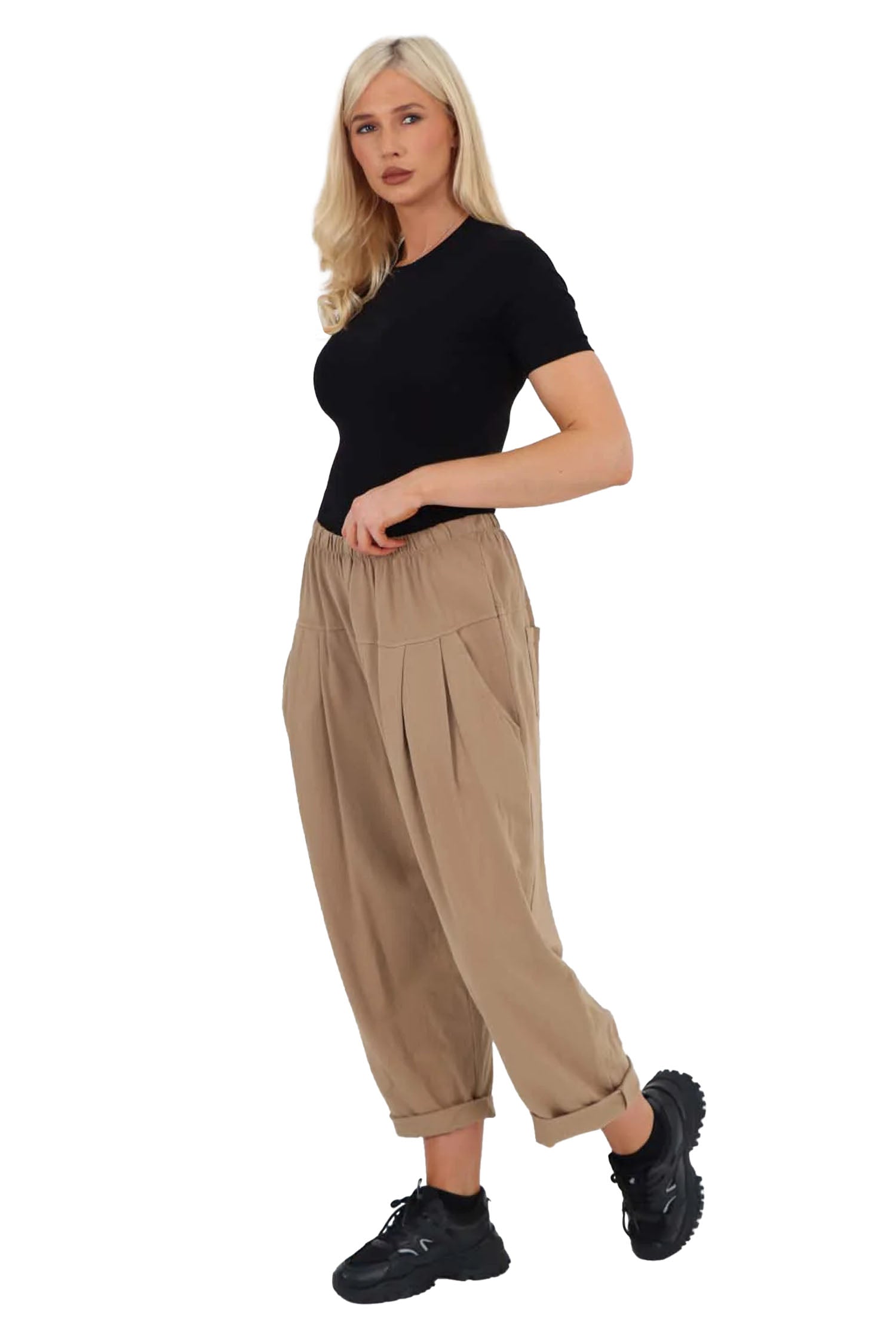 Italian Pleated Cotton Trousers With Side Pockets - Beige