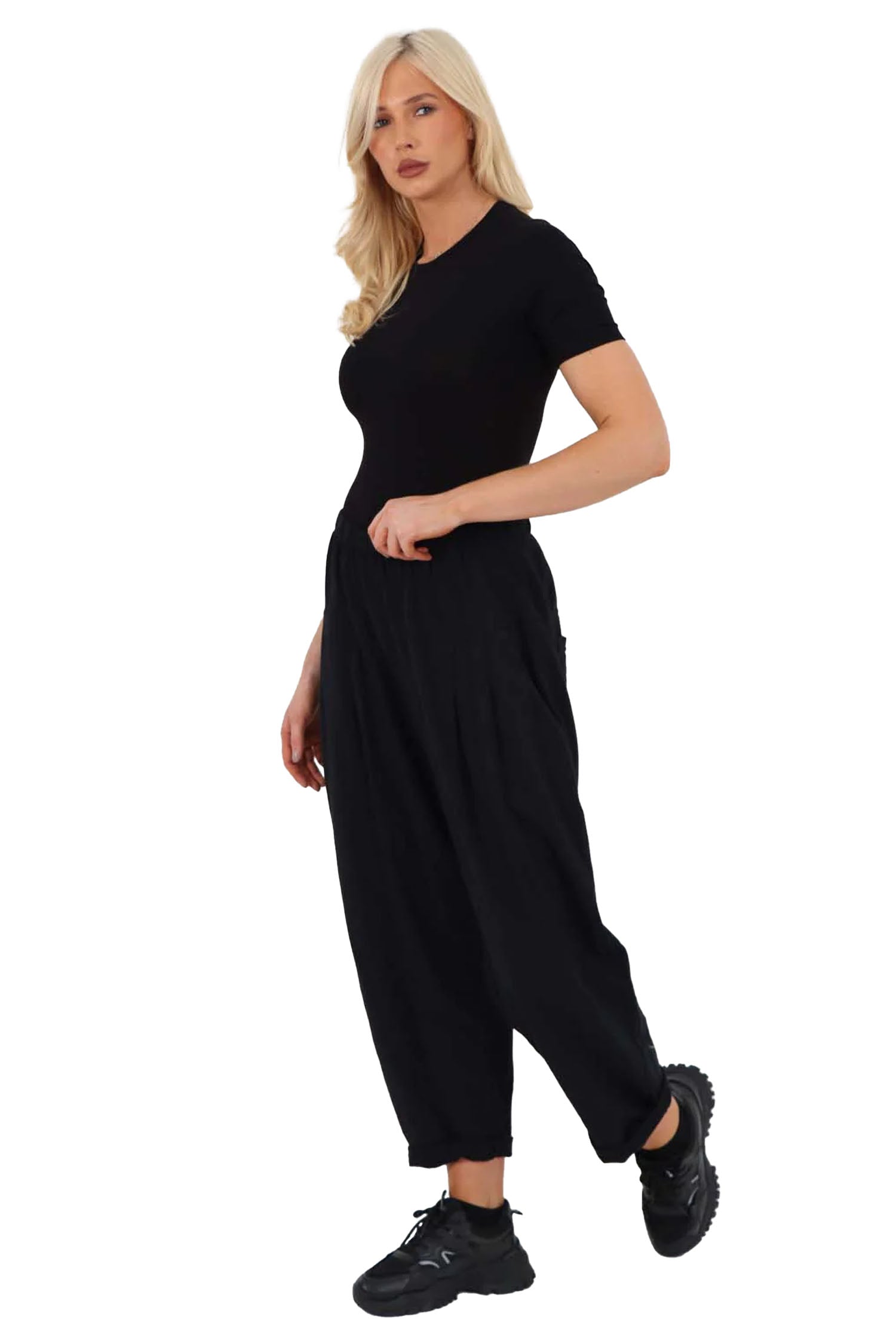 Italian Pleated Cotton Trousers With Side Pockets - Black