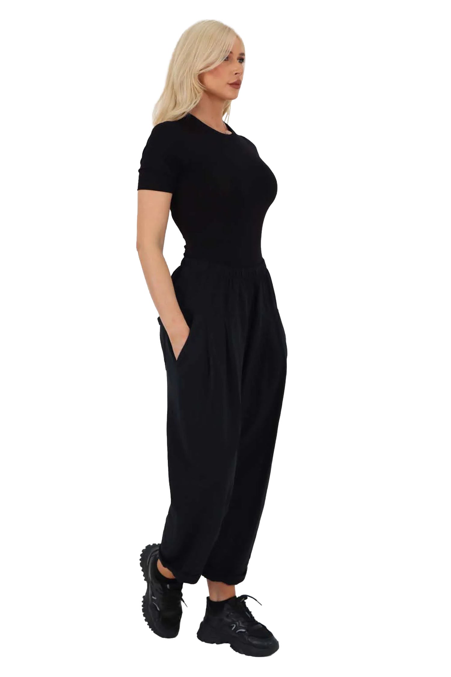 Italian Pleated Cotton Trousers With Side Pockets - Black