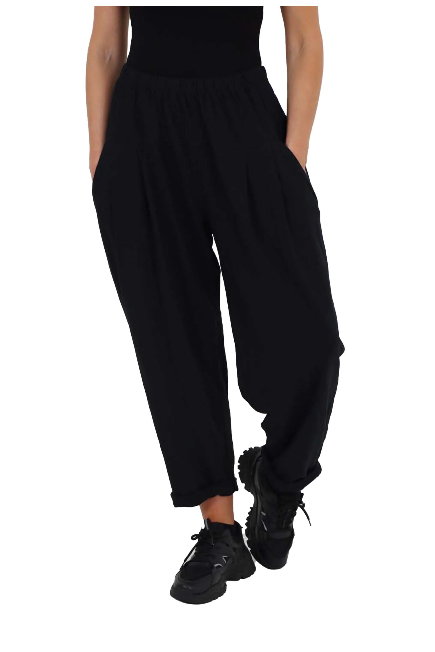 Italian Pleated Cotton Trousers With Side Pockets - Black