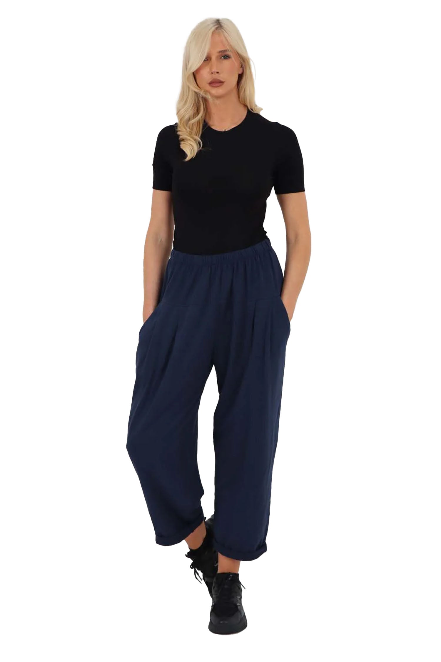 Italian Pleated Cotton Trousers With Side Pockets - Blue