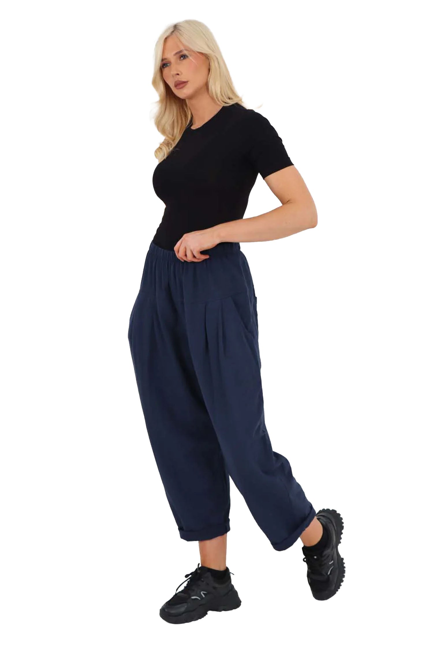 Italian Pleated Cotton Trousers With Side Pockets - Blue