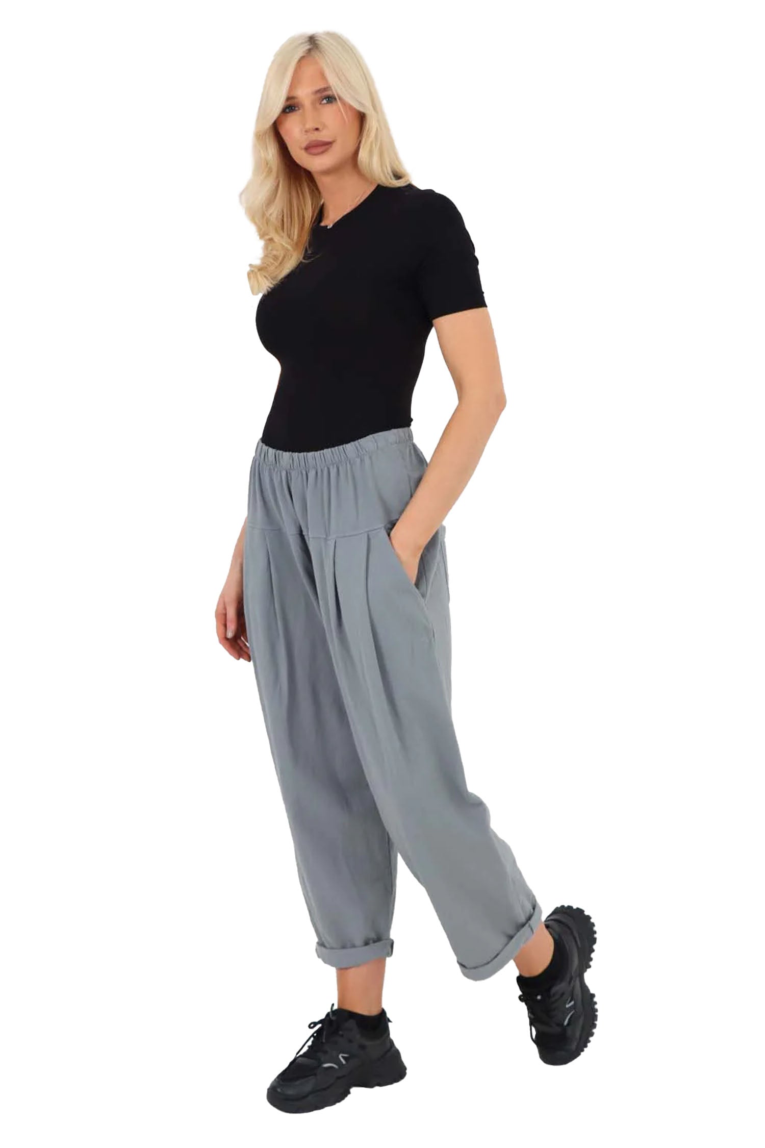 Italian Pleated Cotton Trousers With Side Pockets - Dark Grey