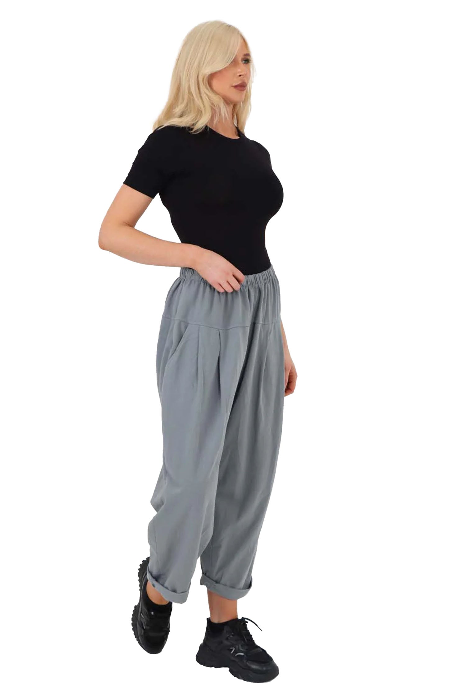 Italian Pleated Cotton Trousers With Side Pockets - Dark Grey