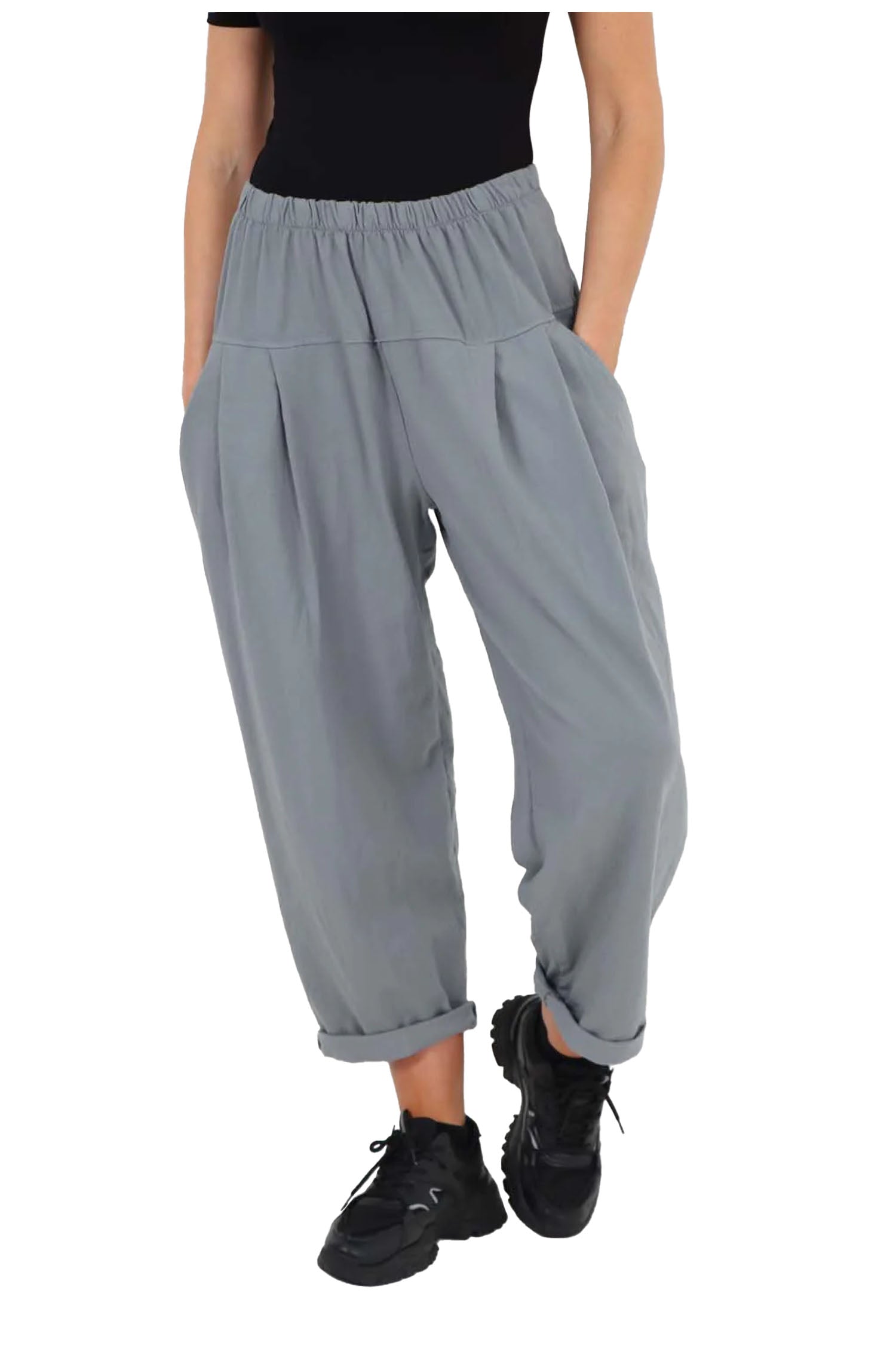 Italian Pleated Cotton Trousers With Side Pockets - Dark Grey