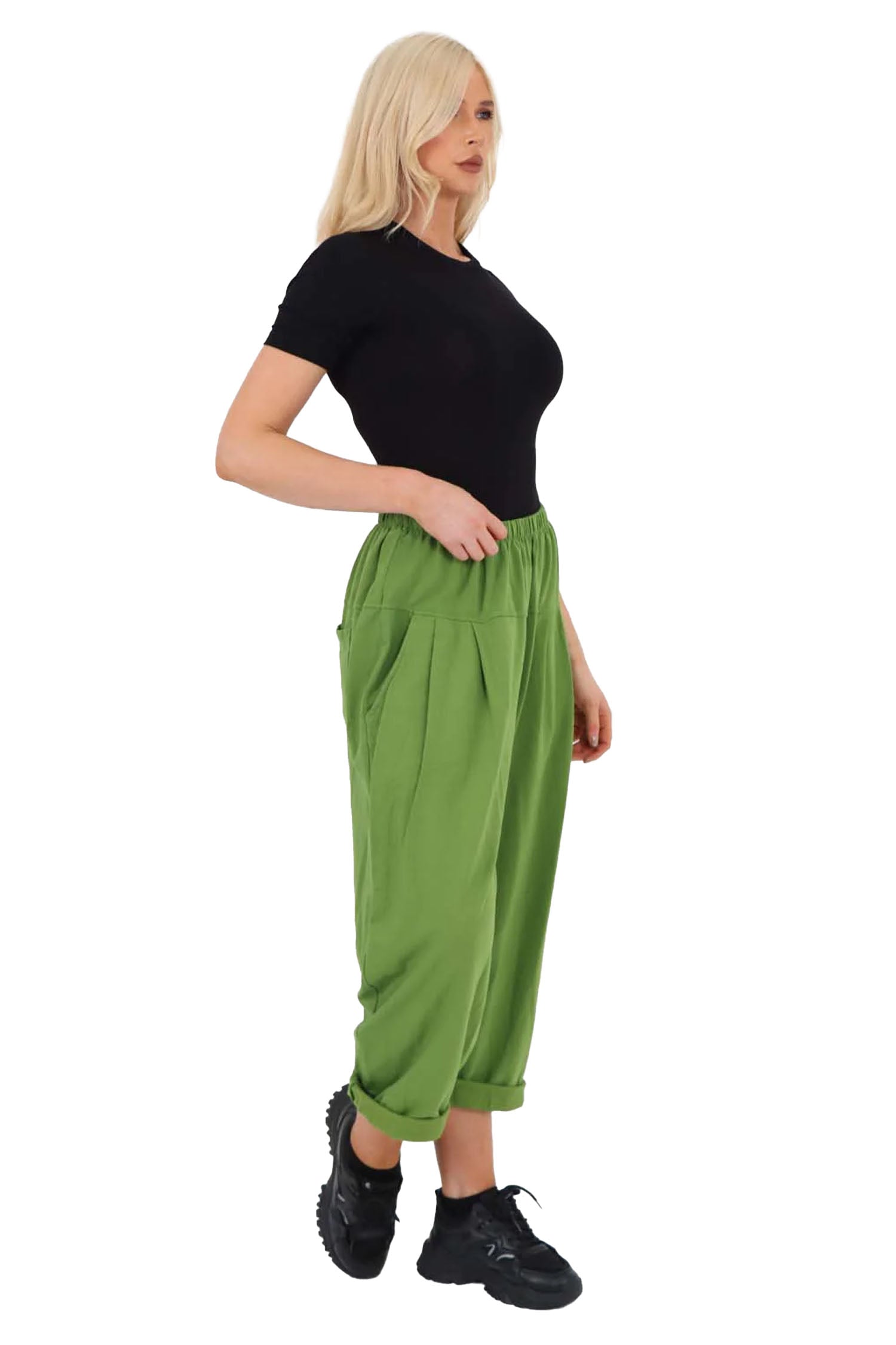 Italian Pleated Cotton Trousers With Side Pockets - Green