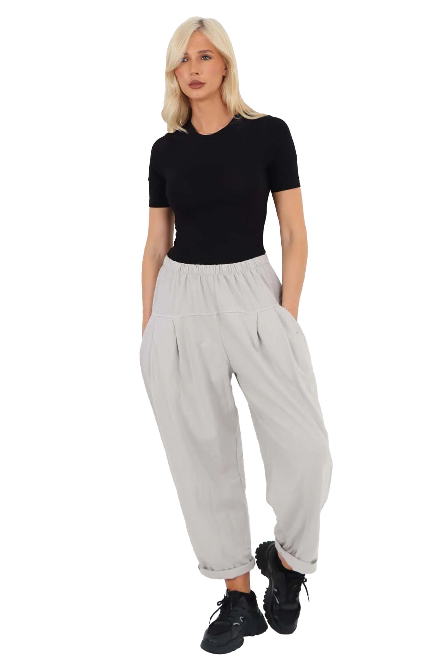 Italian Pleated Cotton Trousers With Side Pockets - Grey