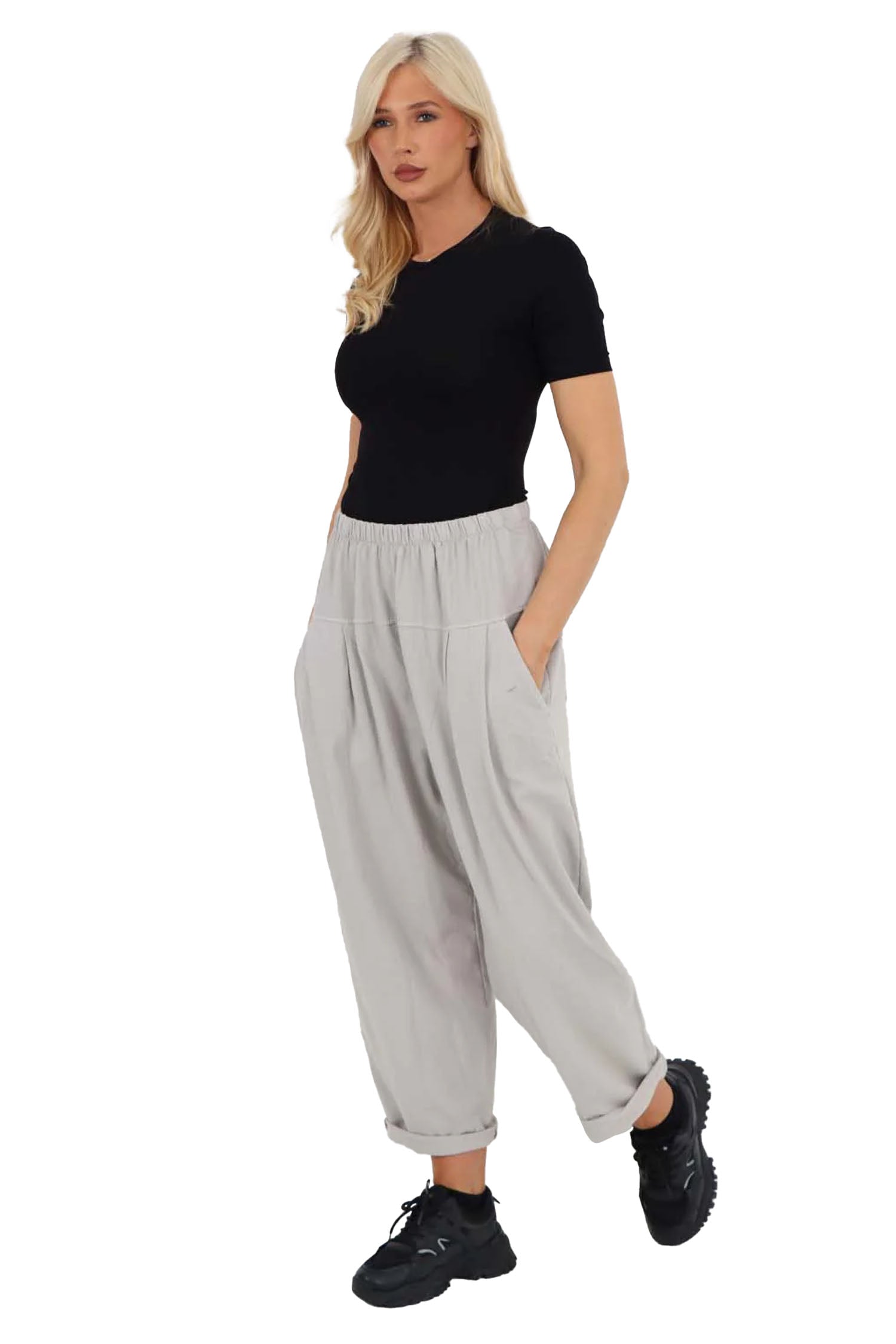 Italian Pleated Cotton Trousers With Side Pockets - Grey