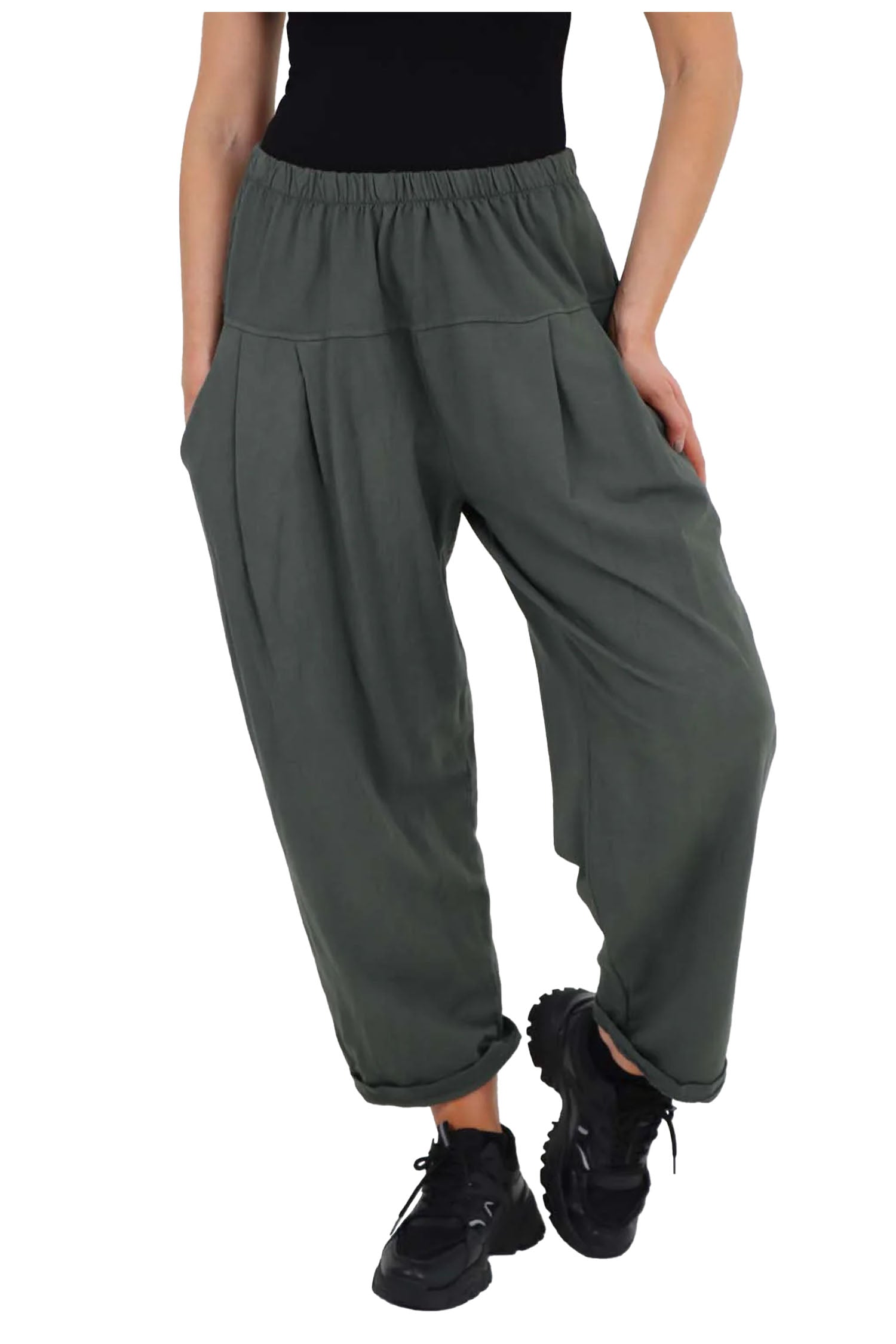 Italian Pleated Cotton Trousers With Side Pockets - Khaki