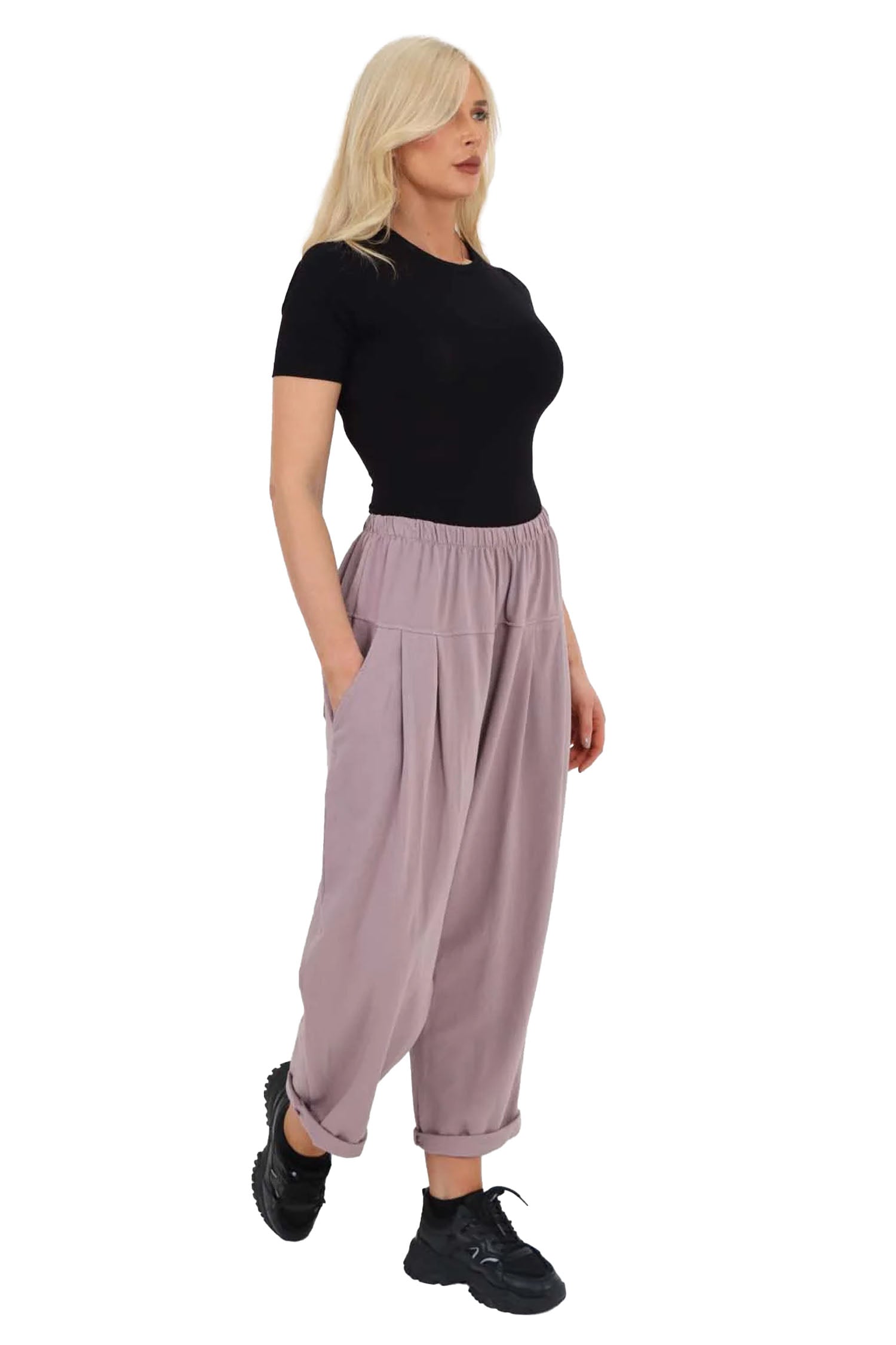 Italian Pleated Cotton Trousers With Side Pockets - Lilac