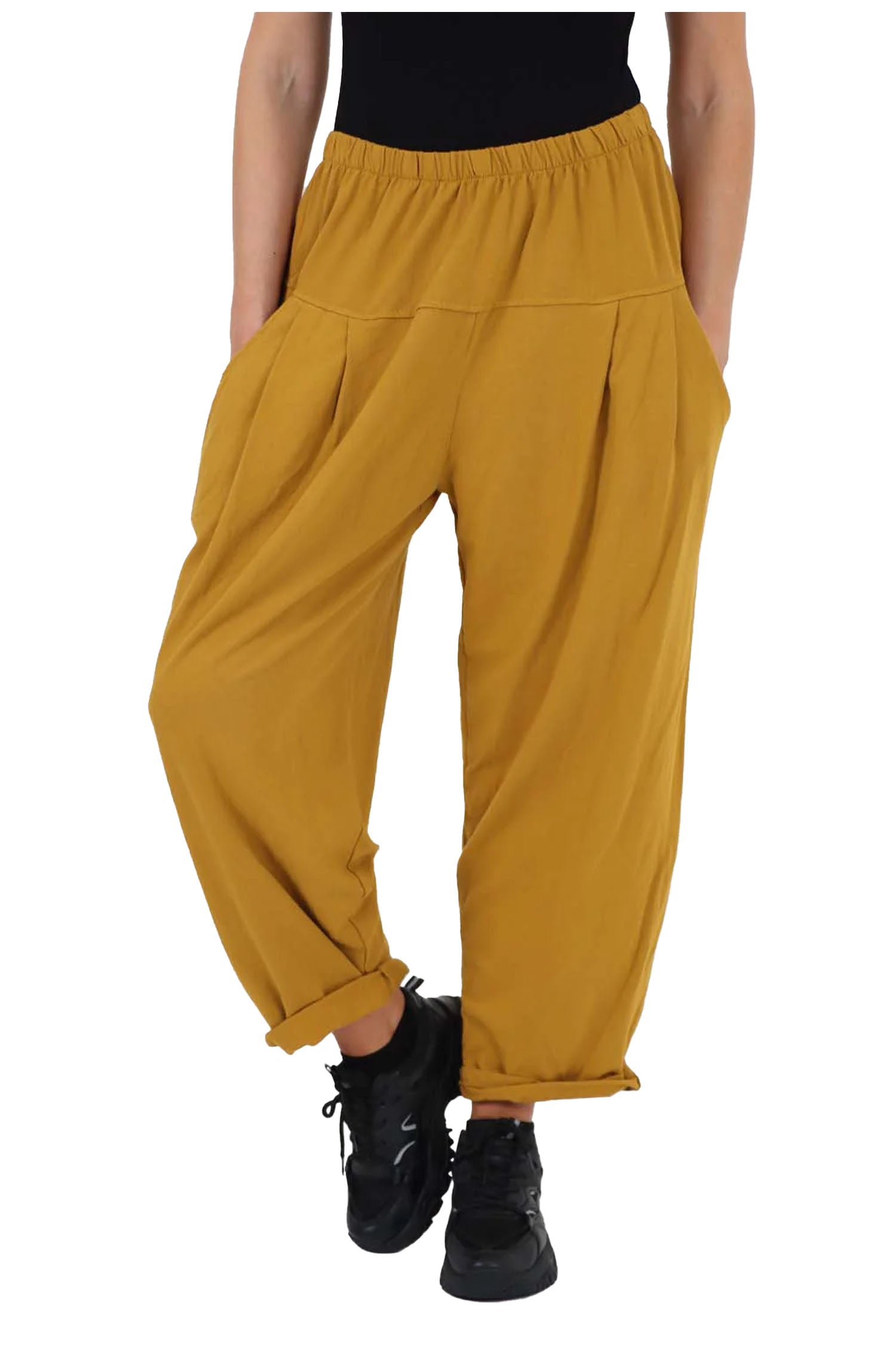 Italian Pleated Cotton Trousers With Side Pockets - Mustard