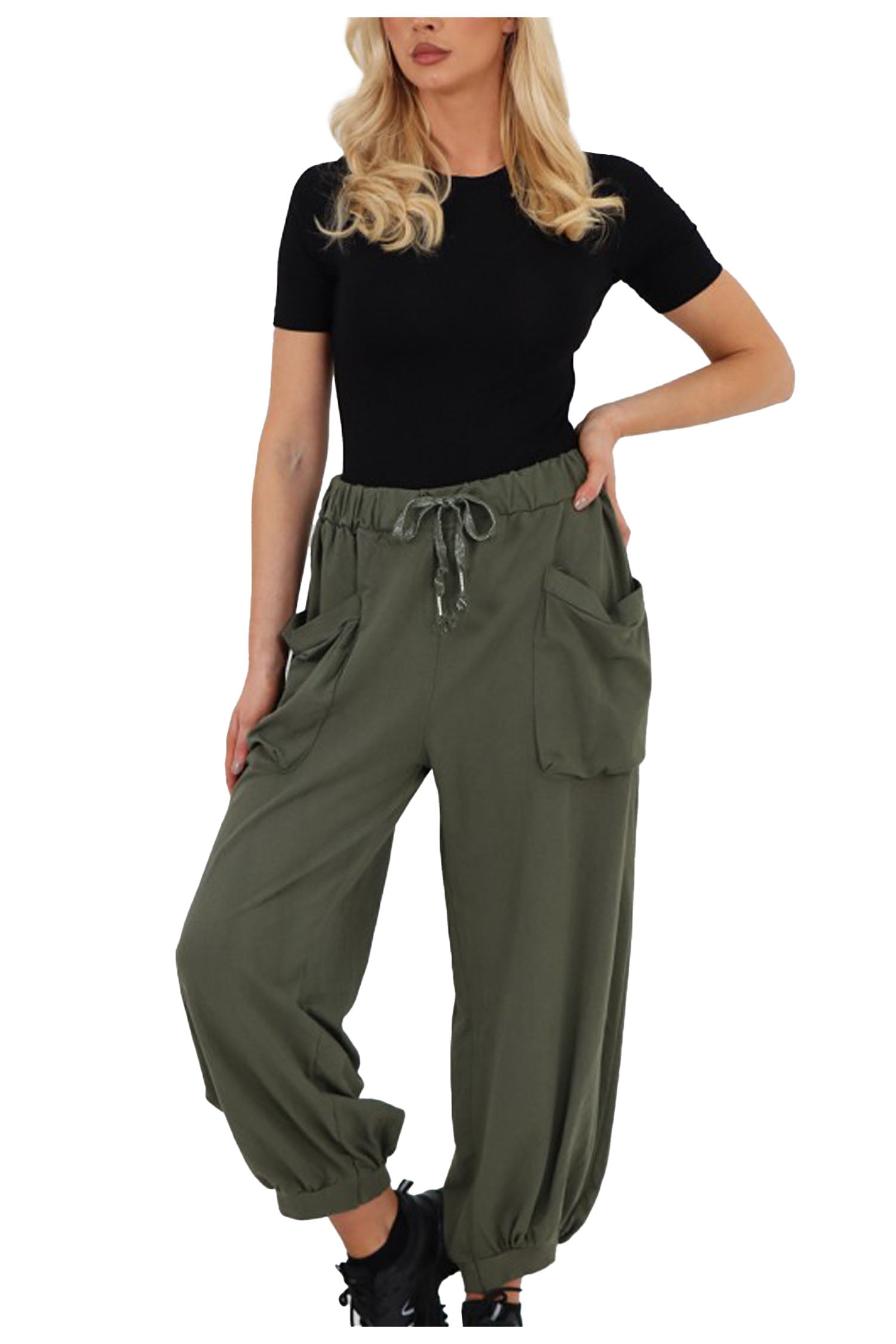 Italian Relaxed Fit Cotton Trousers With Front Pockets - Army Green