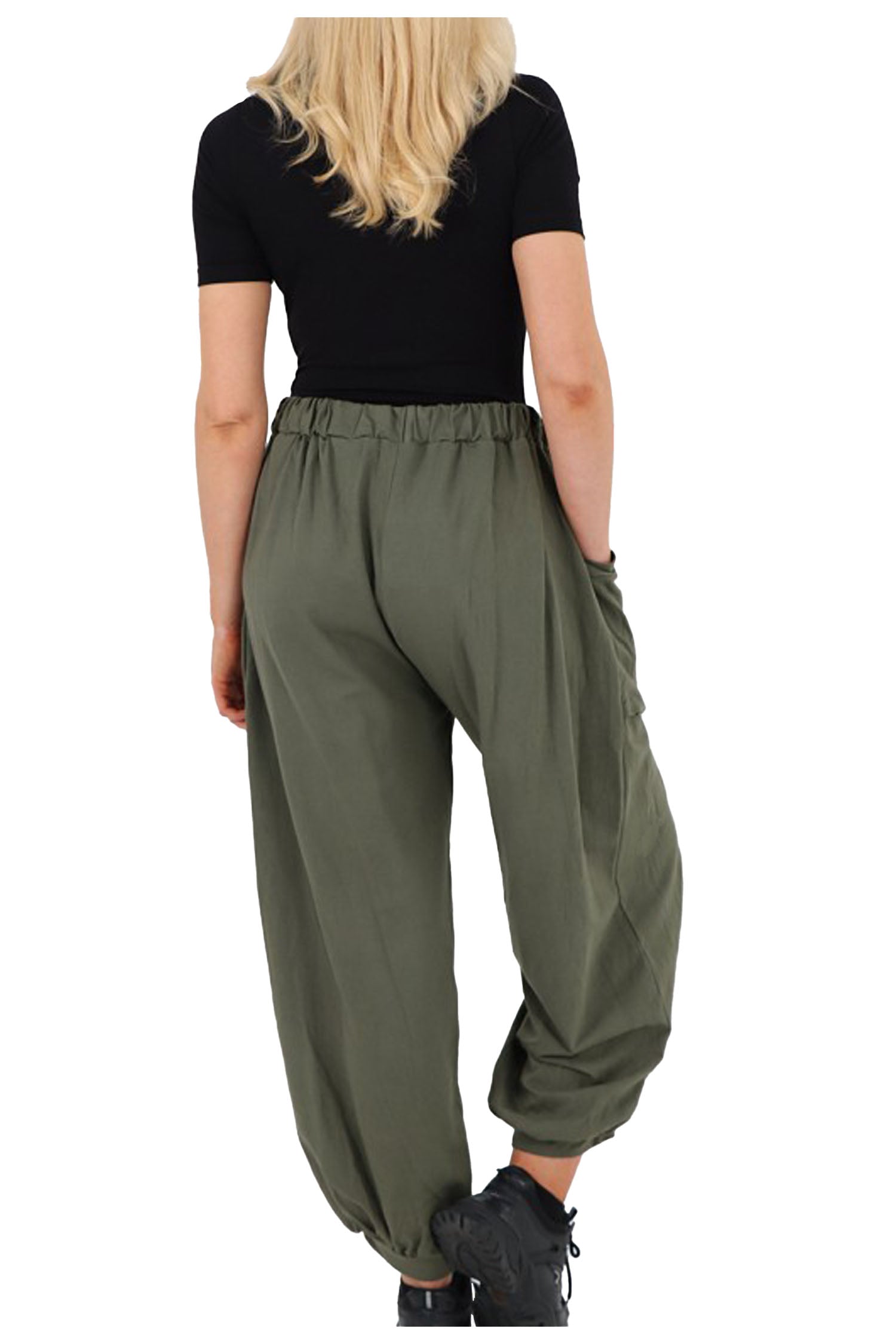 Italian Relaxed Fit Cotton Trousers With Front Pockets - Army Green