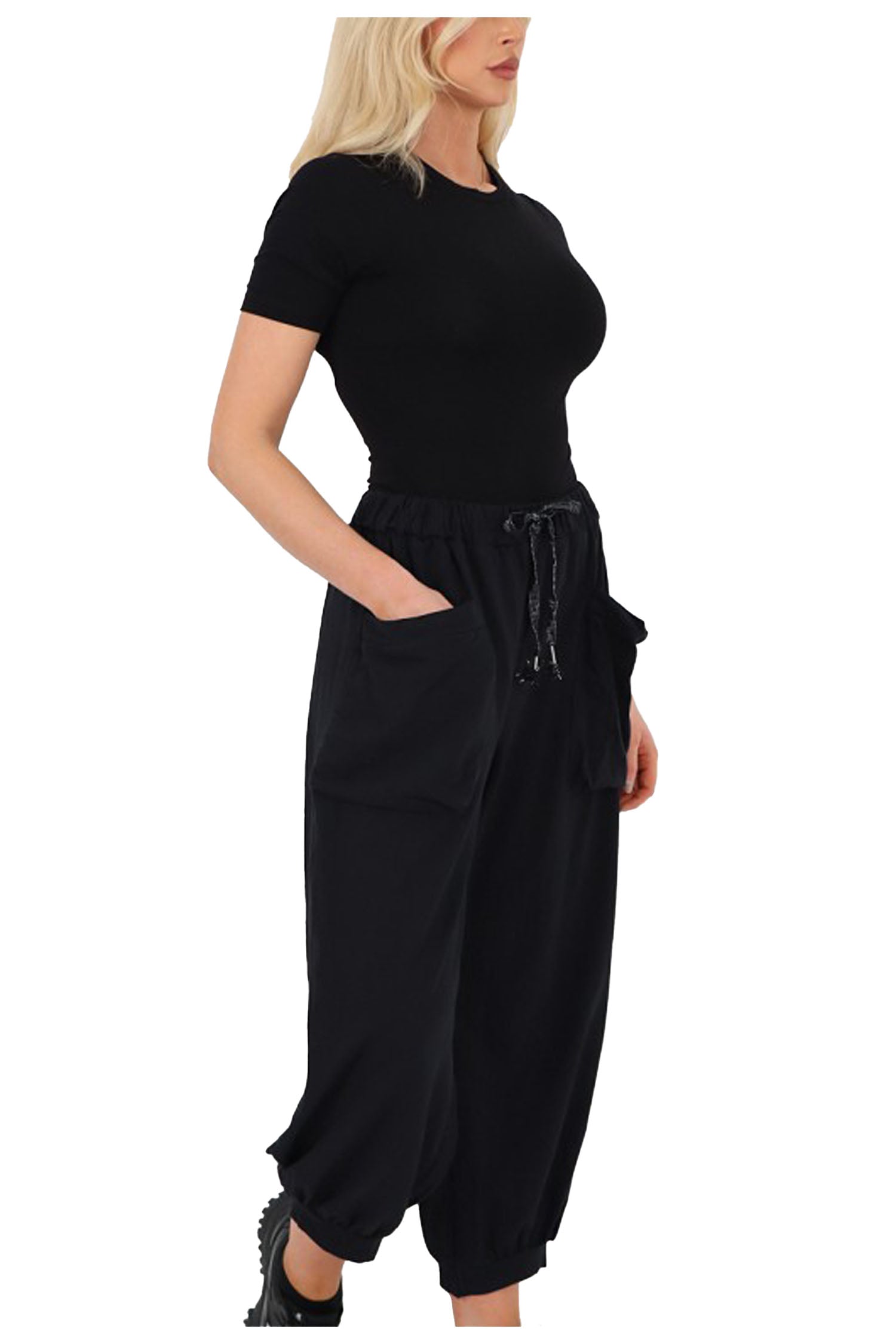 Italian Relaxed Fit Cotton Trousers With Front Pockets - Black