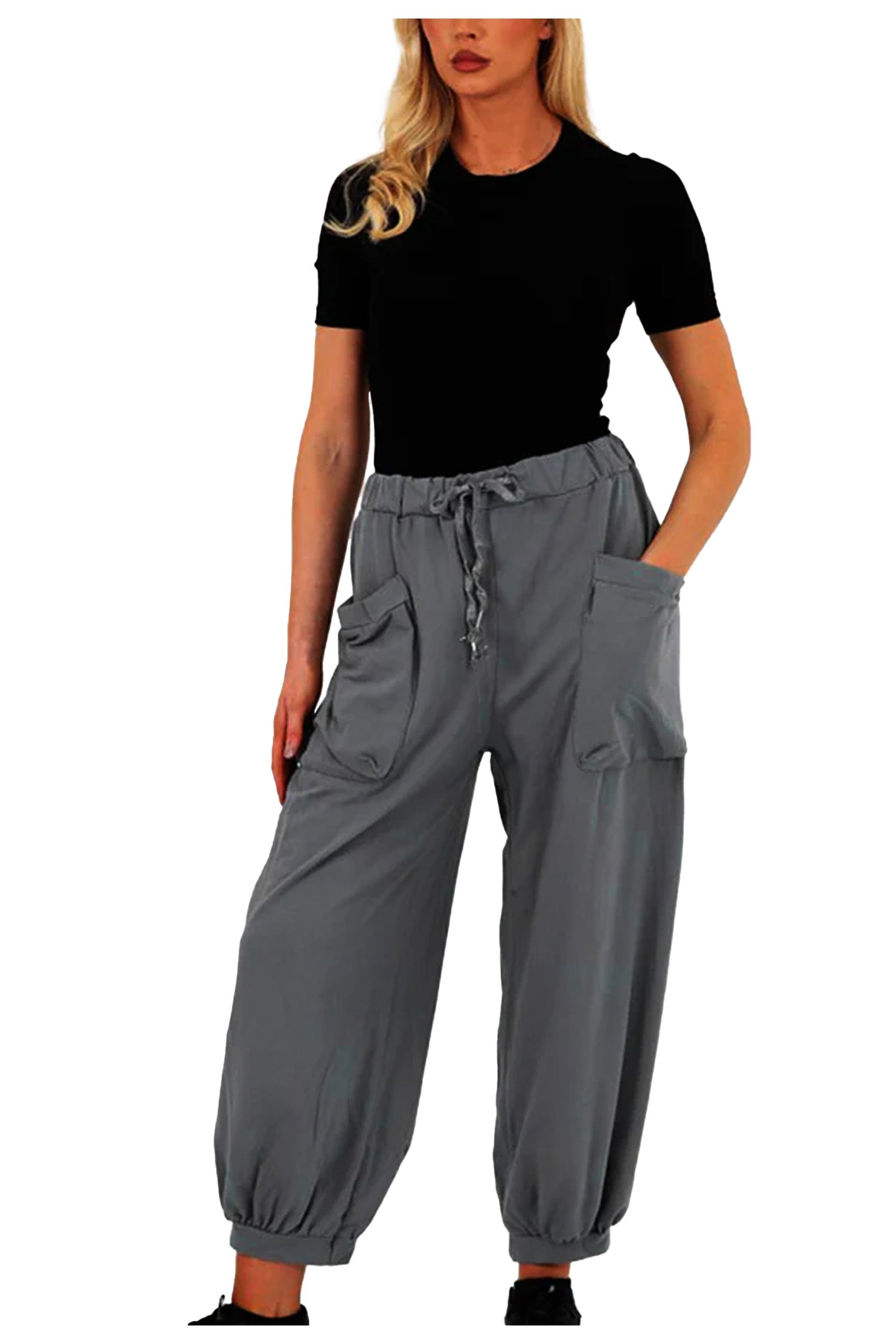 Italian Relaxed Fit Cotton Trousers With Front Pockets - Charcoal